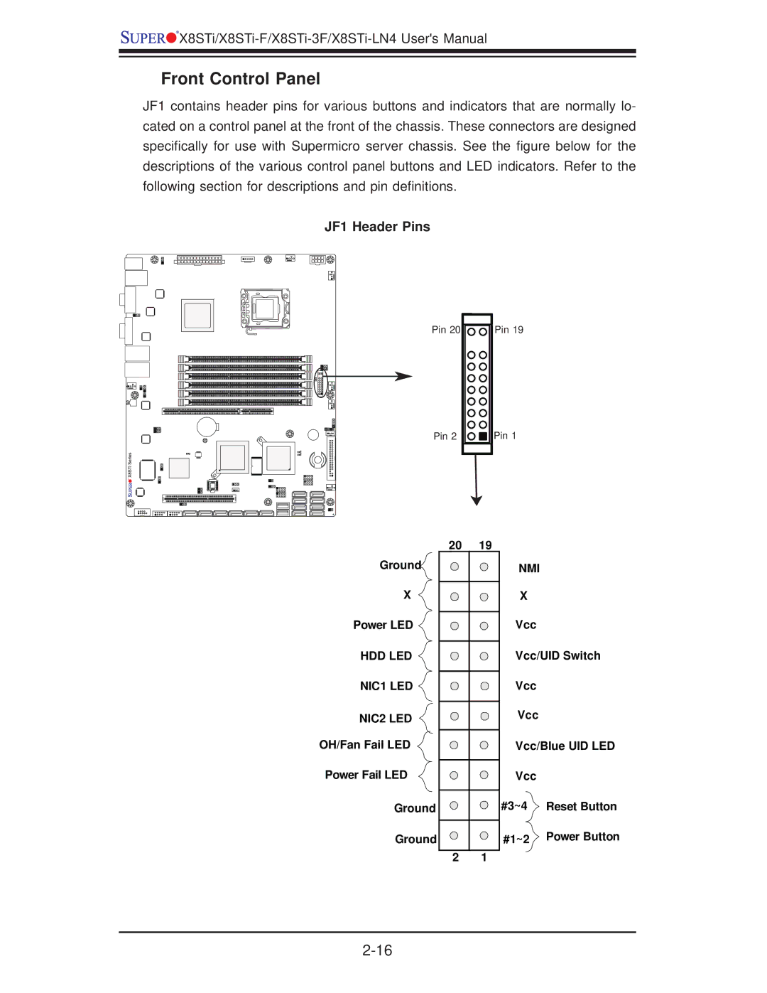 SUPER MICRO Computer X8STI-F, X8STI-LN4, X8STI-3F user manual Front Control Panel, JF1 Header Pins 