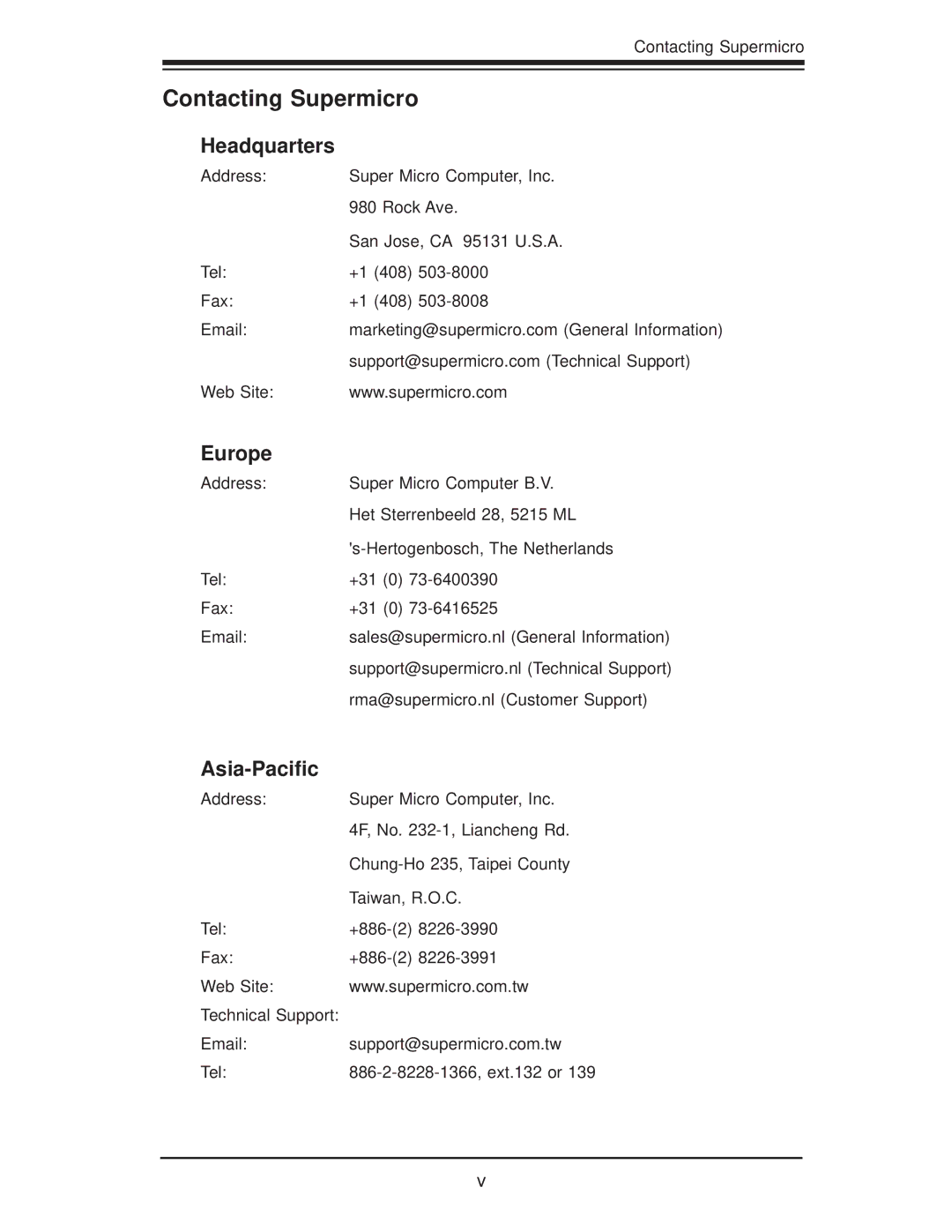 SUPER MICRO Computer X8STI-LN4, X8STI-F, X8STI-3F user manual Contacting Supermicro, Headquarters, Europe, Asia-Paciﬁc 