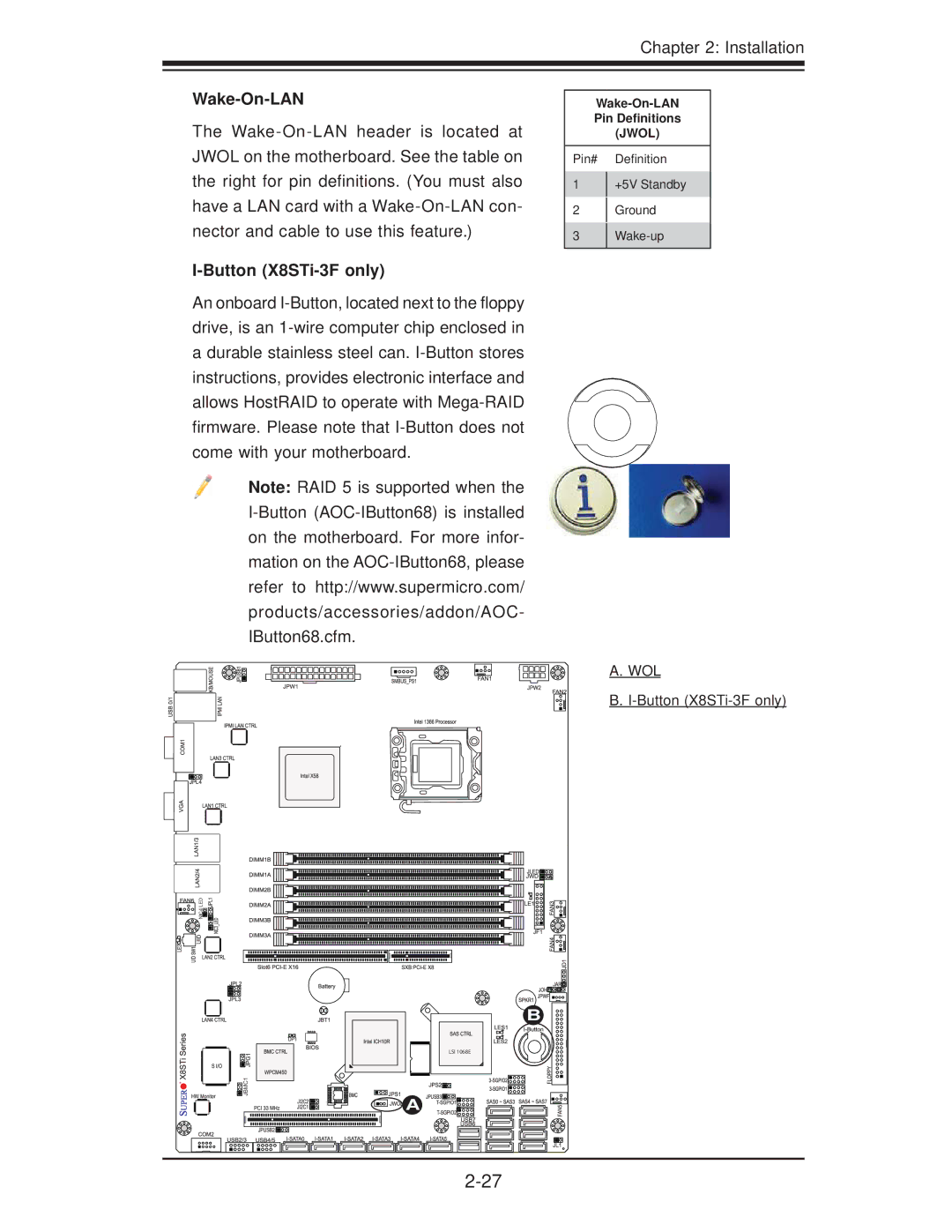 SUPER MICRO Computer X8STI-3F, X8STI-F, X8STI-LN4 user manual Wake-On-LAN, Button X8STi-3F only 