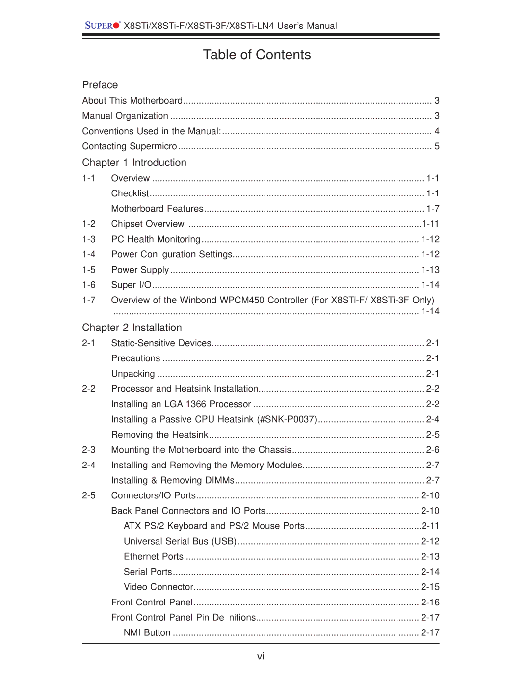 SUPER MICRO Computer X8STI-F, X8STI-LN4, X8STI-3F user manual Table of Contents 