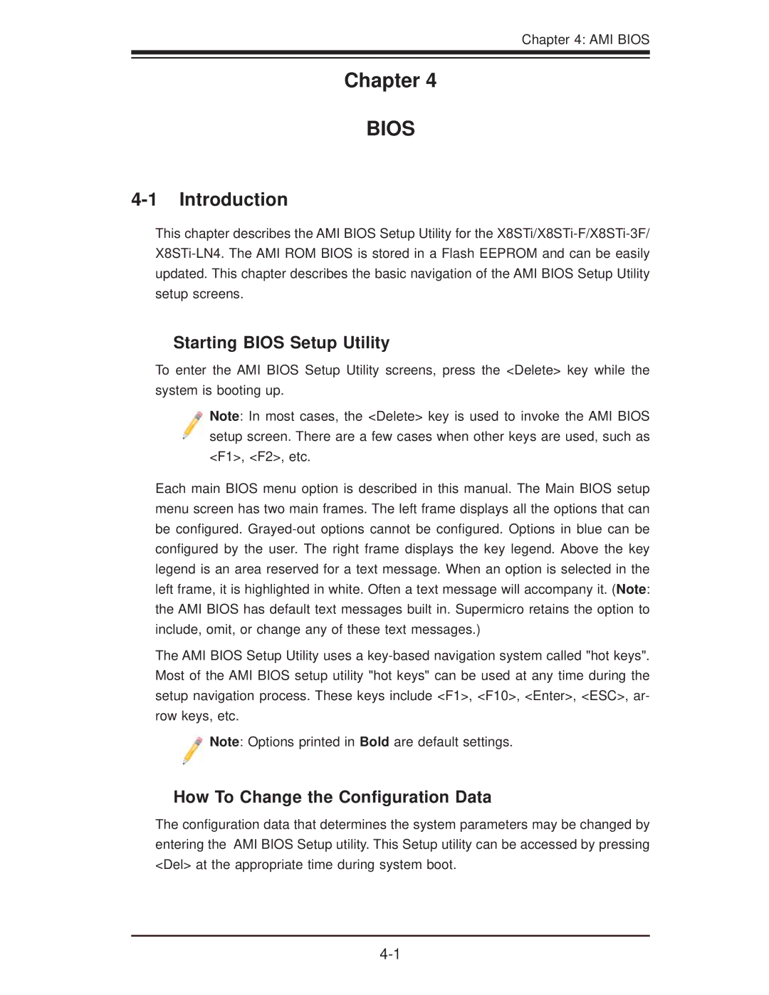 SUPER MICRO Computer X8STI-LN4, X8STI-F Introduction, Starting Bios Setup Utility, How To Change the Conﬁguration Data 