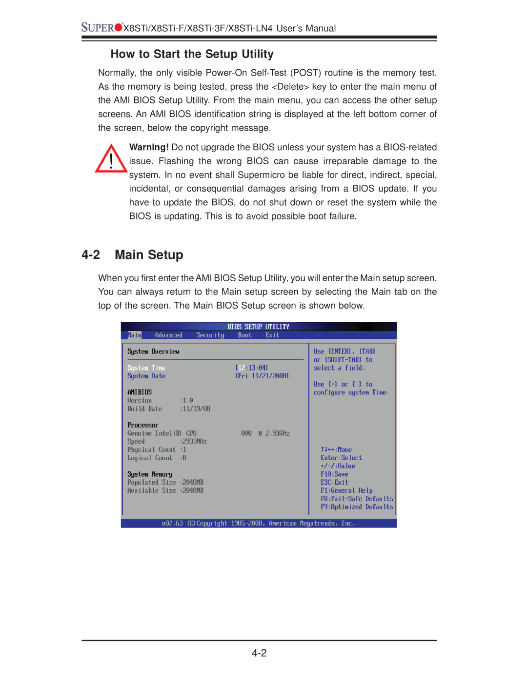 SUPER MICRO Computer X8STI-F, X8STI-LN4, X8STI-3F user manual Main Setup, How to Start the Setup Utility 