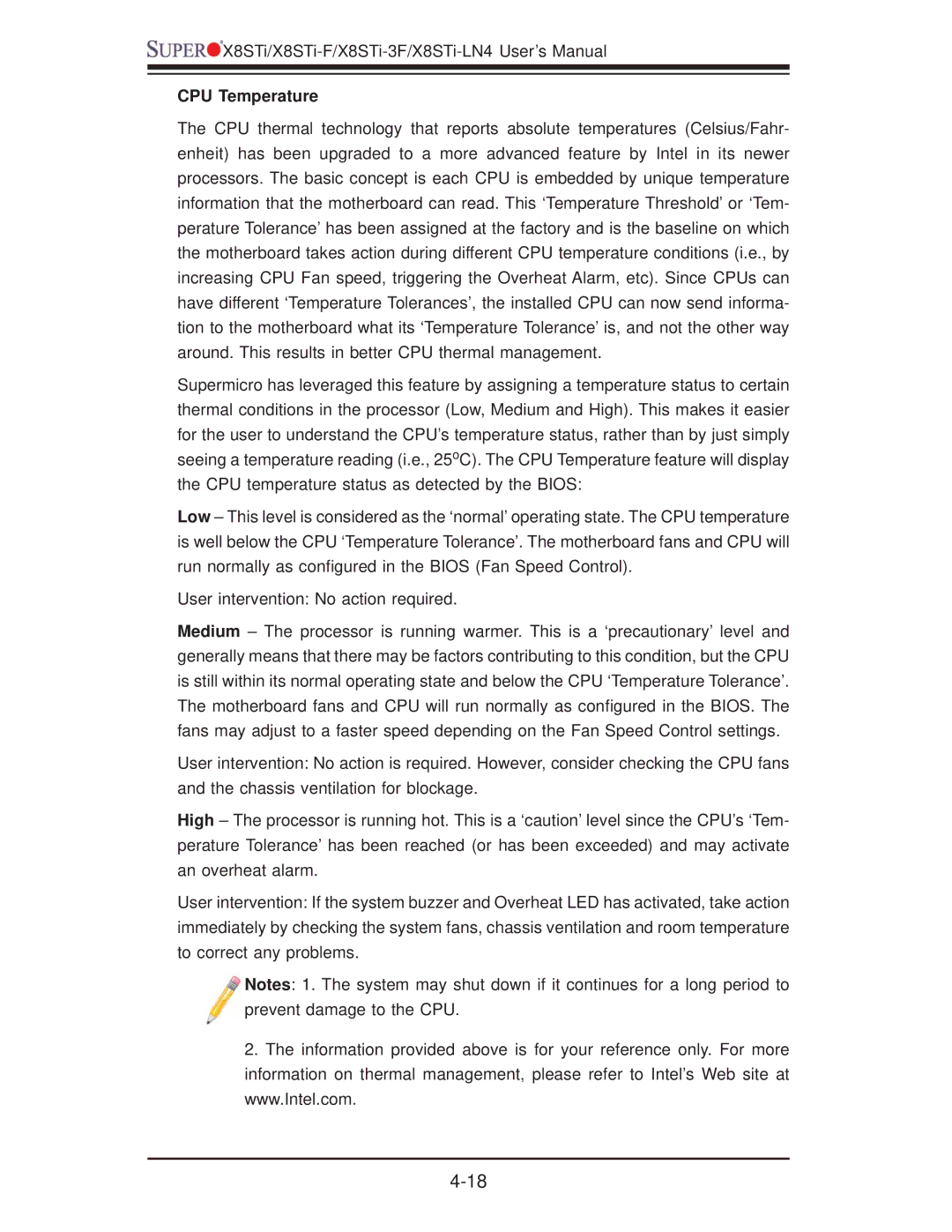 SUPER MICRO Computer X8STI-F, X8STI-LN4, X8STI-3F user manual CPU Temperature 