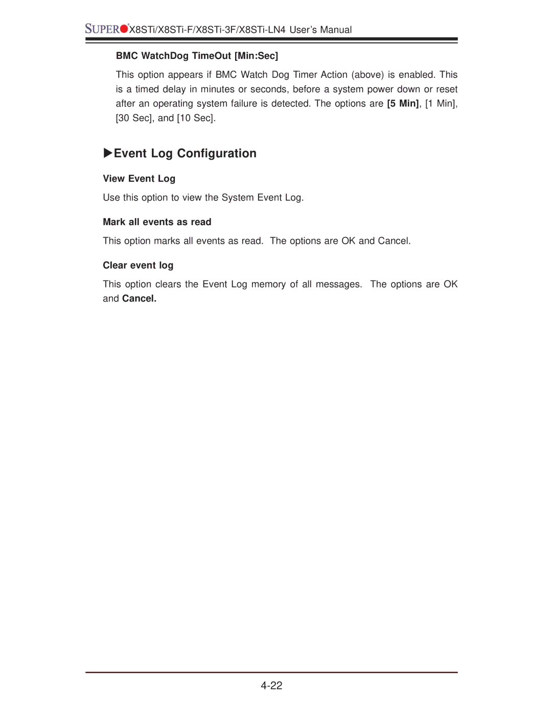 SUPER MICRO Computer X8STI XEvent Log Conﬁguration, BMC WatchDog TimeOut MinSec, View Event Log, Mark all events as read 