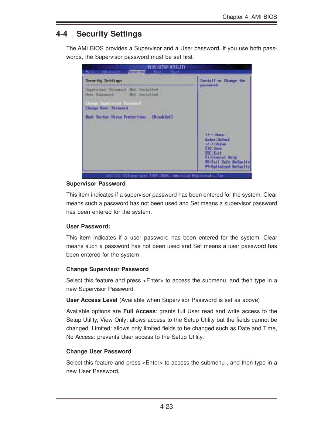 SUPER MICRO Computer X8STI-3F, X8STI-F Security Settings, Change Supervisor Password, Change User Password 