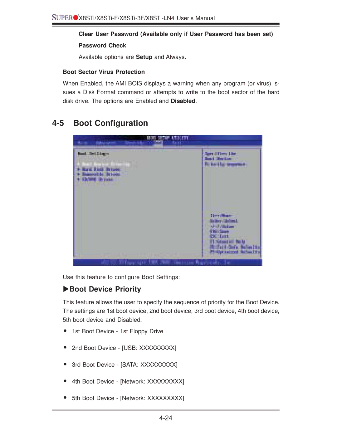 SUPER MICRO Computer X8STI-F, X8STI-LN4, X8STI-3F Boot Conﬁguration, XBoot Device Priority, Boot Sector Virus Protection 