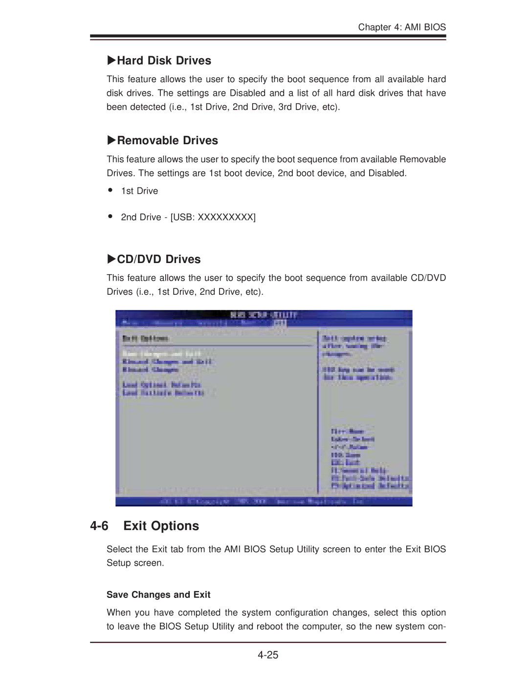 SUPER MICRO Computer X8STI-LN4 Exit Options, XHard Disk Drives, XRemovable Drives, XCD/DVD Drives, Save Changes and Exit 