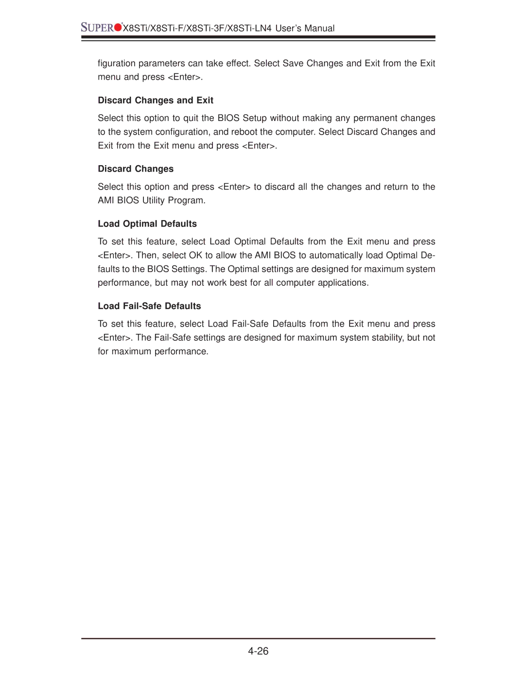 SUPER MICRO Computer X8STI-F, X8STI-LN4 Discard Changes and Exit, Load Optimal Defaults, Load Fail-Safe Defaults 