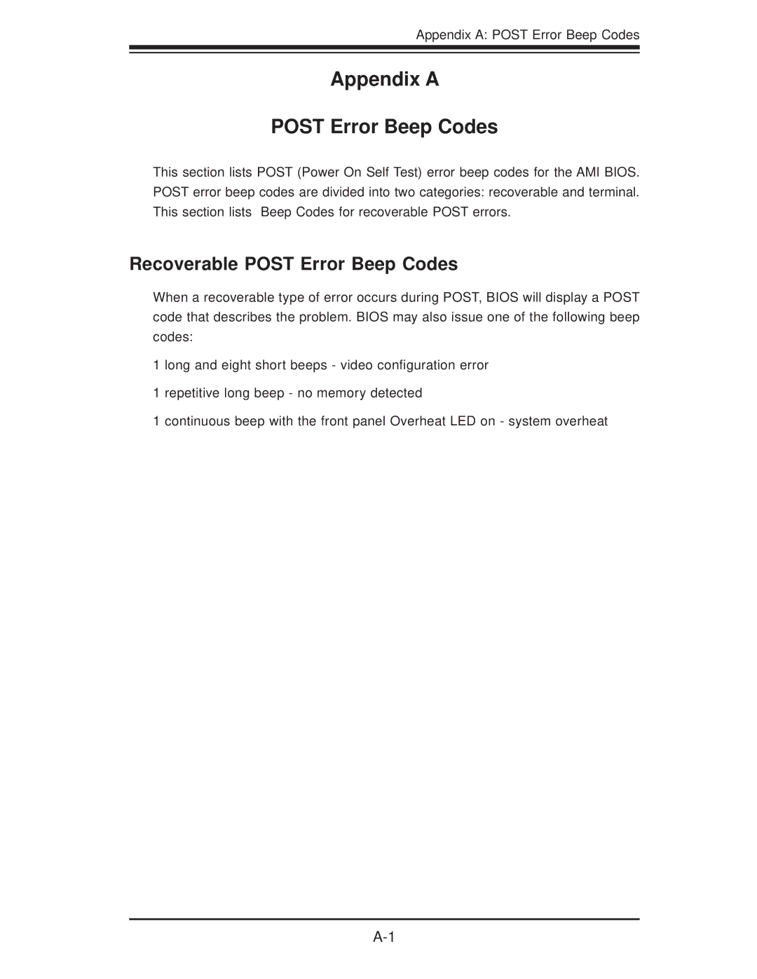 SUPER MICRO Computer X8STI-3F, X8STI-F, X8STI-LN4 Appendix a Post Error Beep Codes, Recoverable Post Error Beep Codes 