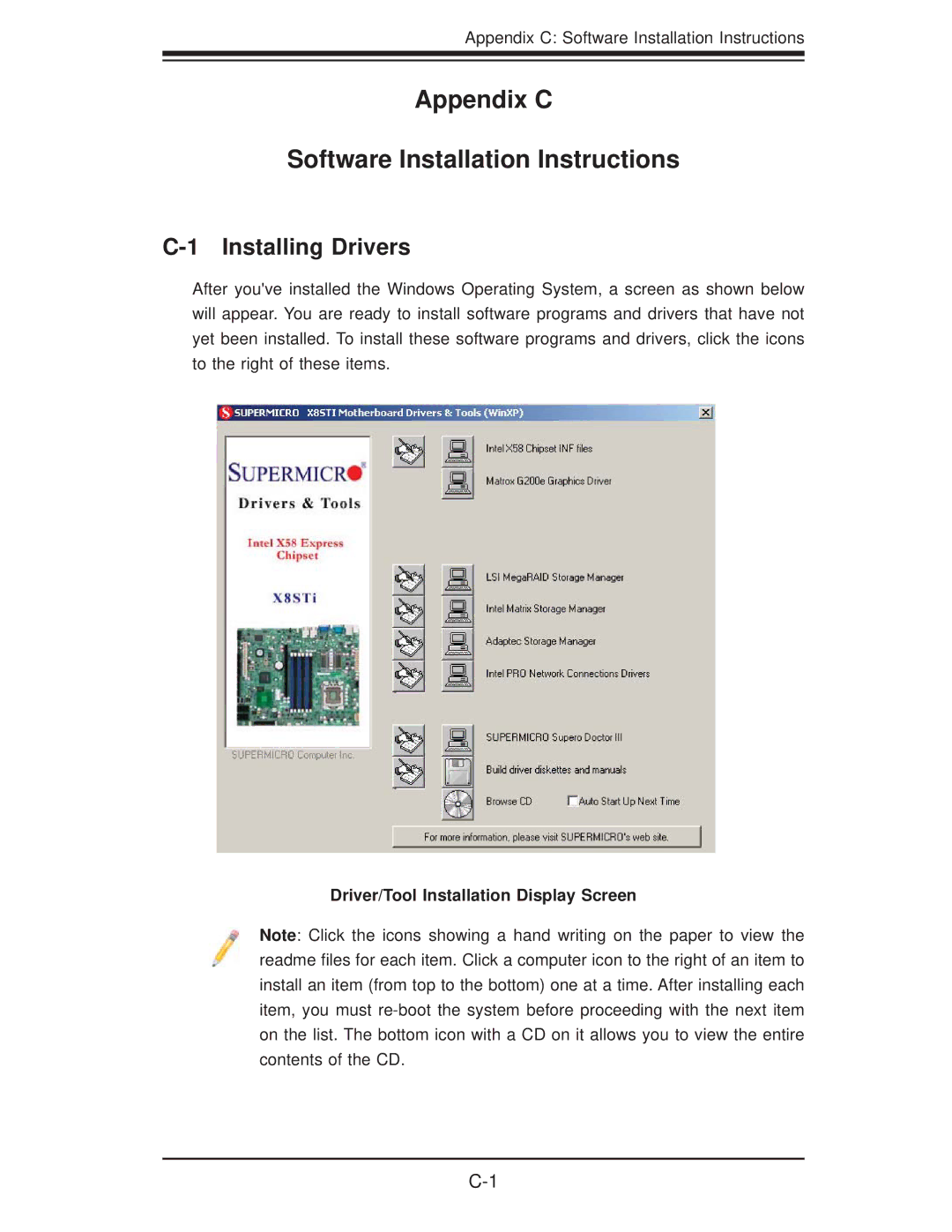 SUPER MICRO Computer X8STI-3F, X8STI-F, X8STI-LN4 user manual Installing Drivers, Driver/Tool Installation Display Screen 