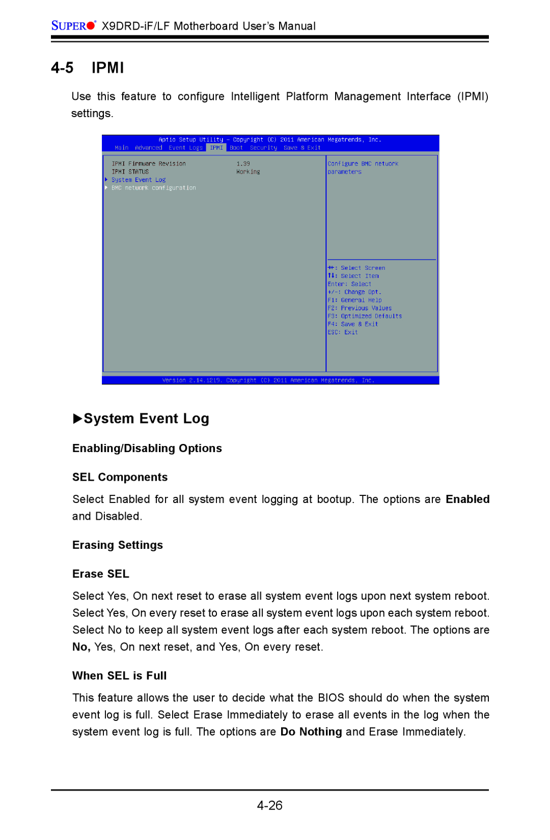 SUPER MICRO Computer X9DRD-LF Ipmi, System Event Log, Enabling/Disabling Options SEL Components, When SEL is Full 