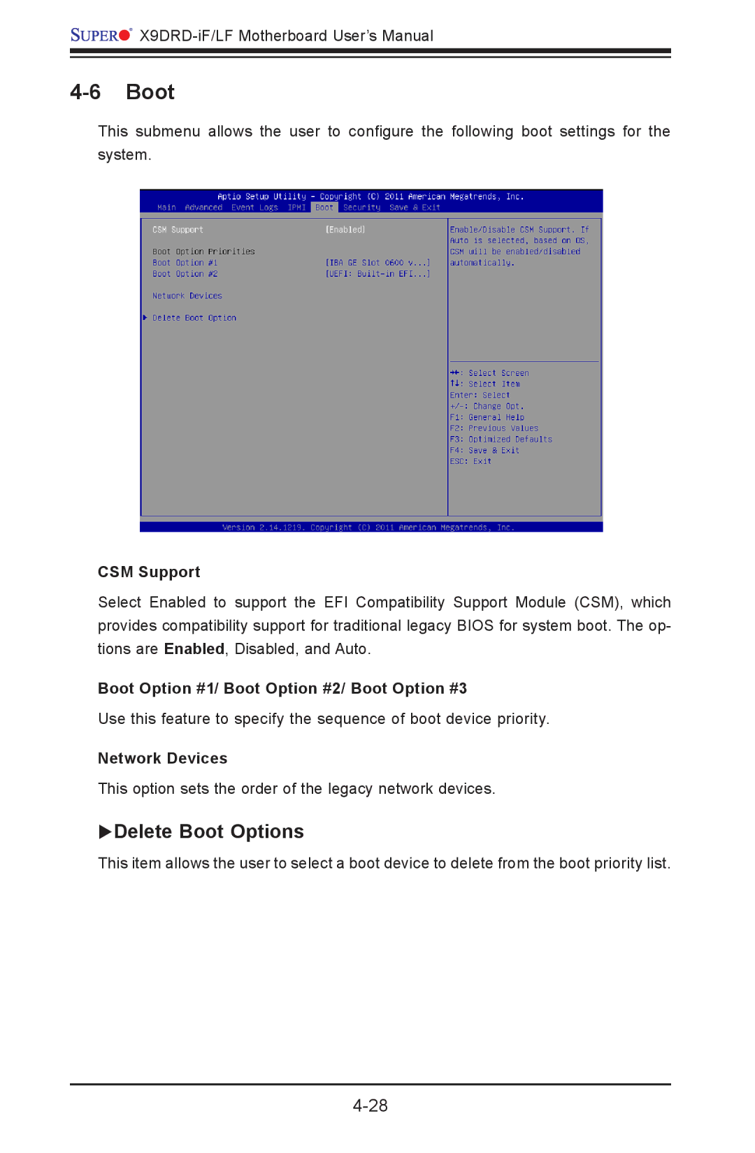 SUPER MICRO Computer X9DRD-LF Delete Boot Options, CSM Support, Boot Option #1/ Boot Option #2/ Boot Option #3 