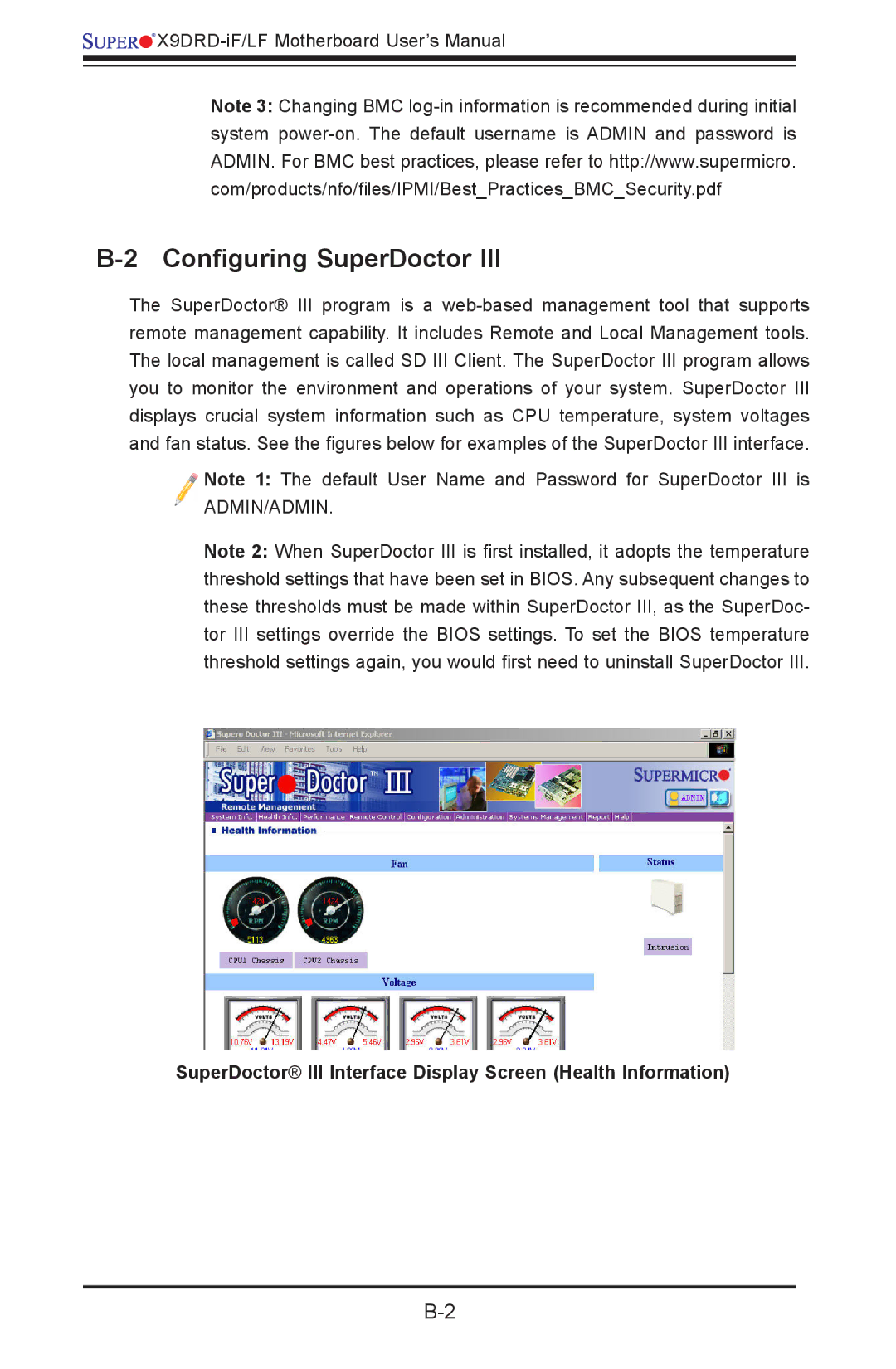 SUPER MICRO Computer X9DRD-LF Configuring SuperDoctor, SuperDoctor III Interface Display Screen Health Information 