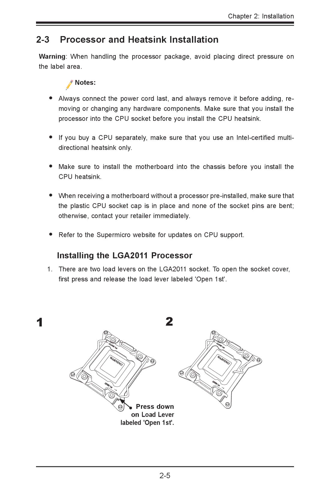 SUPER MICRO Computer X9DRD-iF, X9DRD-LF user manual Processor and Heatsink Installation, Installing the LGA2011 Processor 