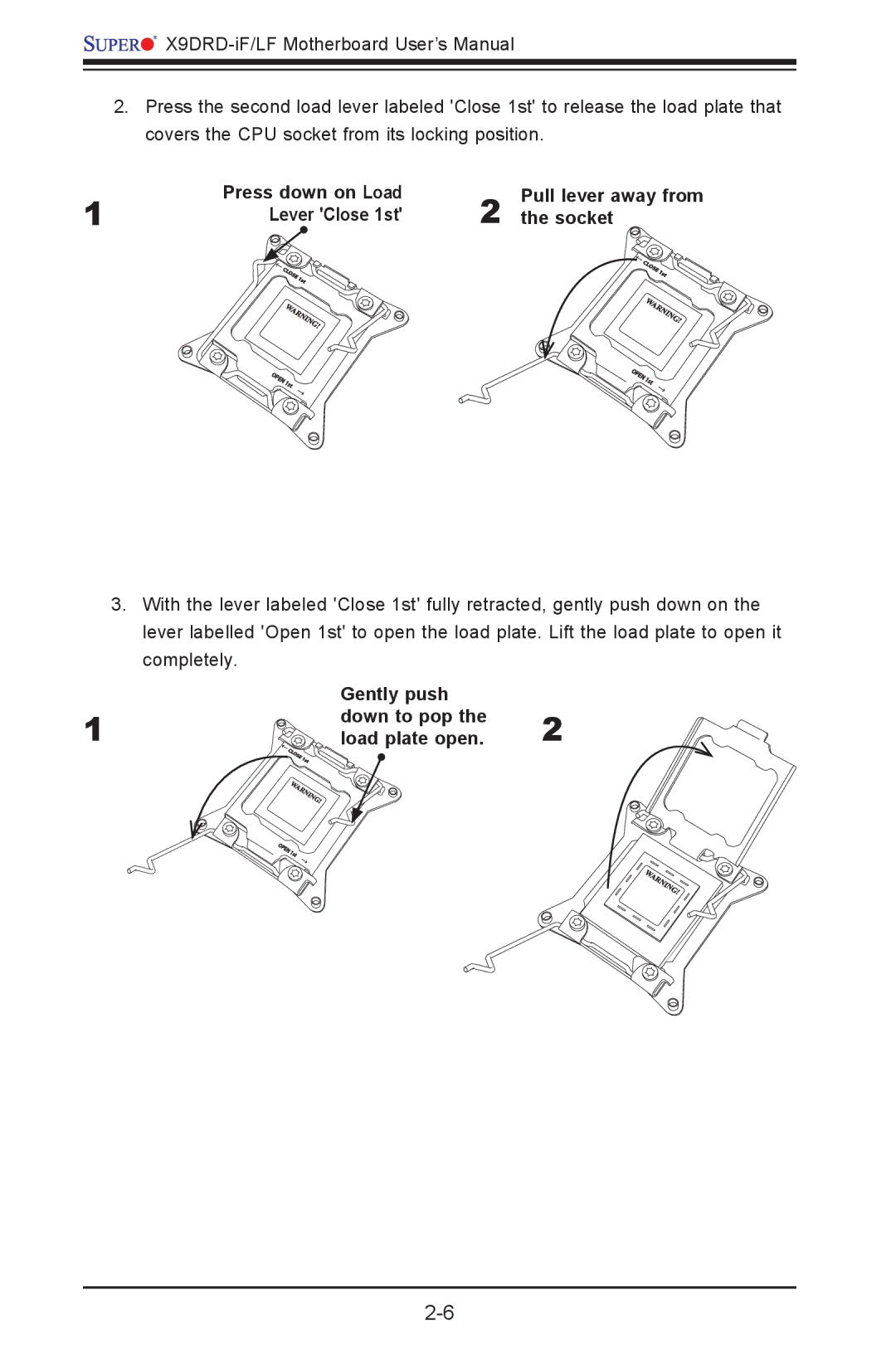 SUPER MICRO Computer X9DRD-LF, X9DRD-iF user manual Press down on Load, Lever Close 1st Socket 