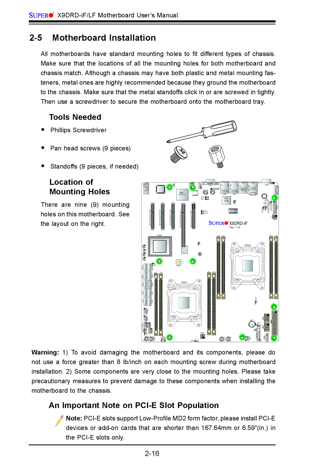 SUPER MICRO Computer X9DRD-LF, X9DRD-iF user manual Motherboard Installation, Tools Needed, Location Mounting Holes 