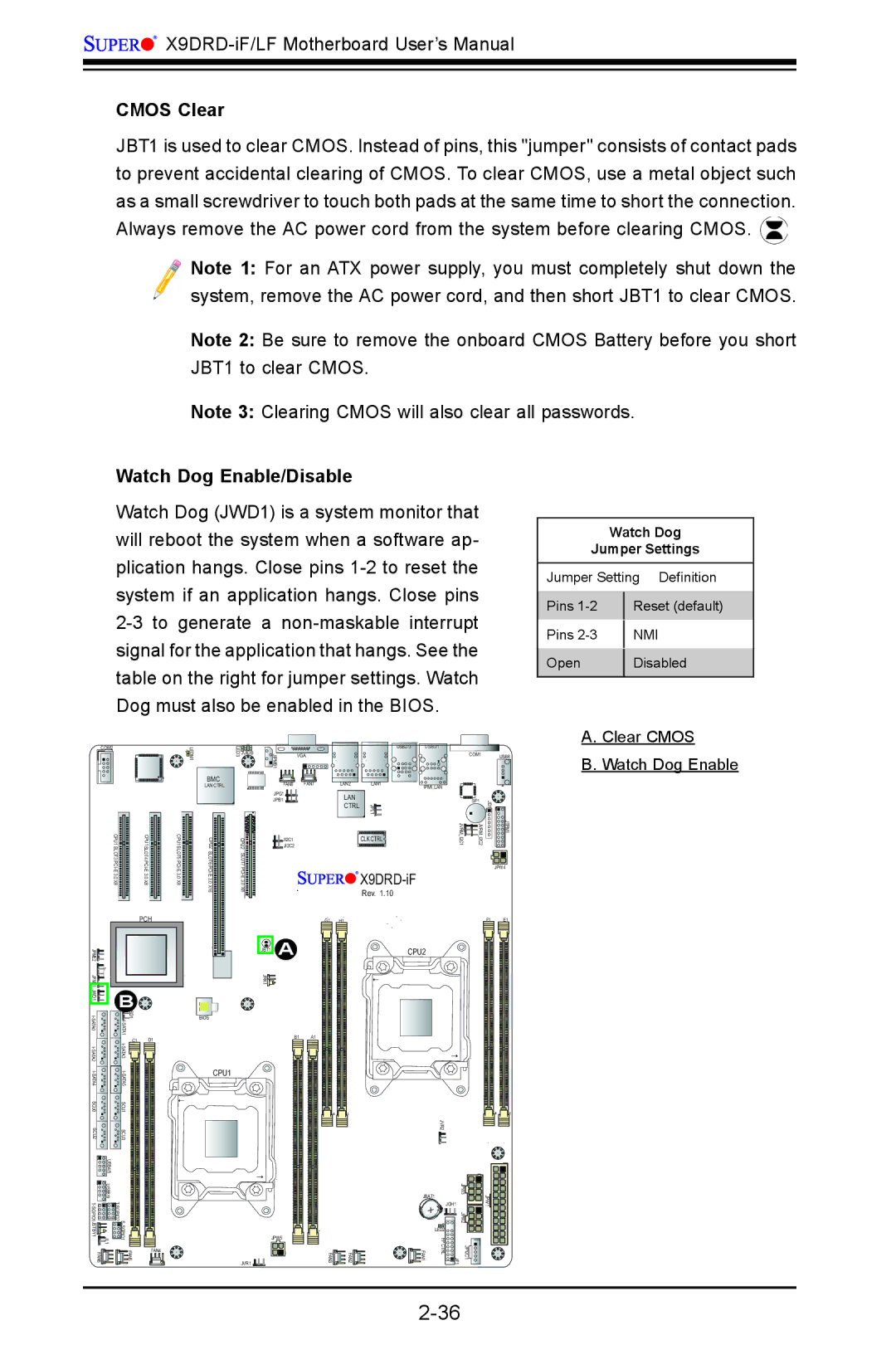 SUPER MICRO Computer X9DRD-LF, X9DRD-iF Cmos Clear, Watch Dog Enable/Disable, Watch Dog Jumper Settings, Open Disabled 