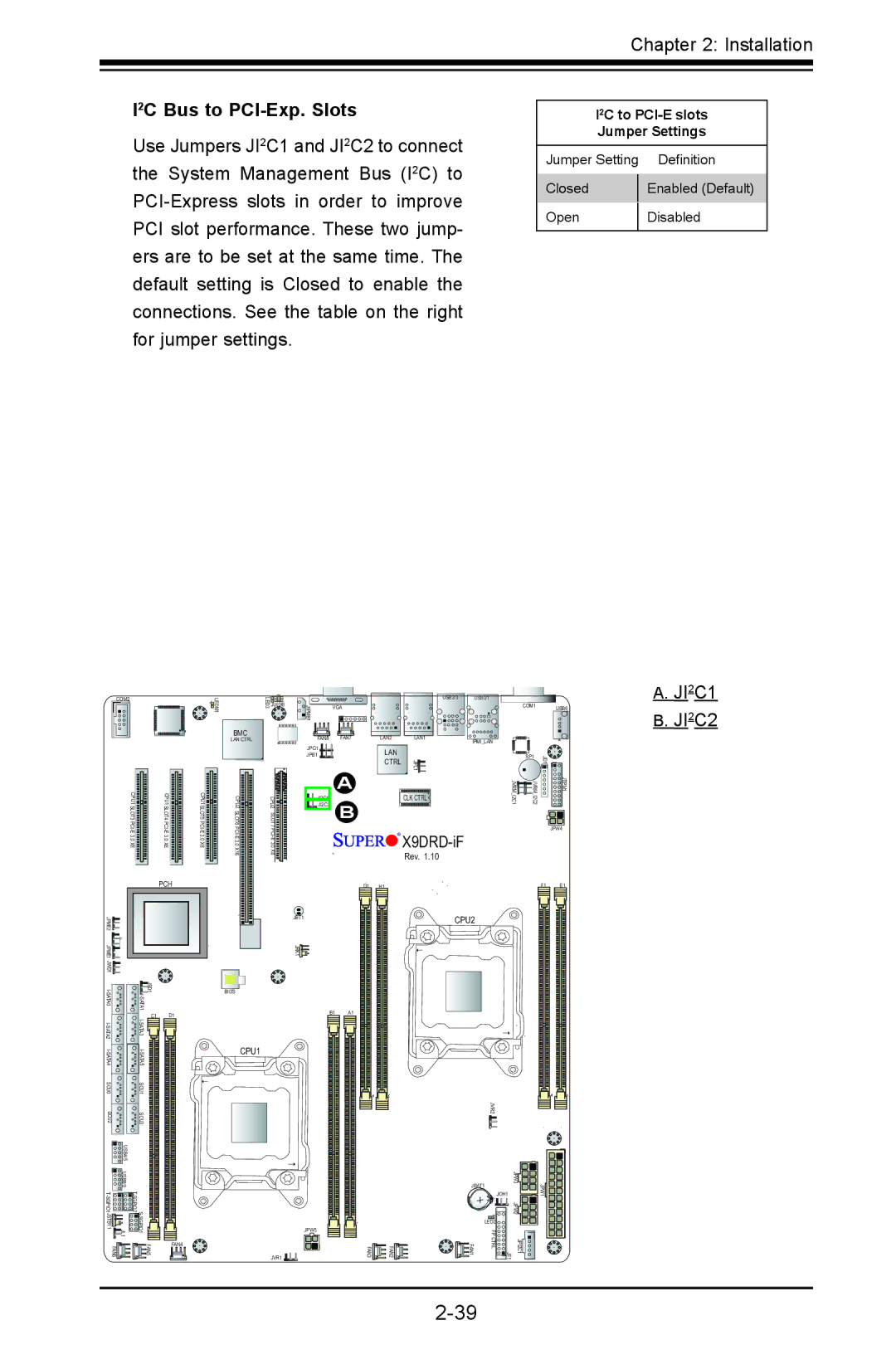 SUPER MICRO Computer X9DRD-iF, X9DRD-LF user manual I2C Bus to PCI-Exp. Slots, I2C to PCI-E slots Jumper Settings 