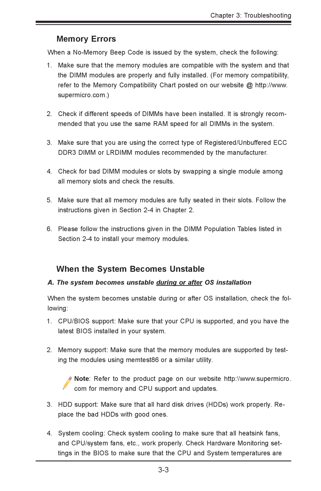 SUPER MICRO Computer X9DRD-iF, X9DRD-LF user manual Memory Errors, When the System Becomes Unstable 