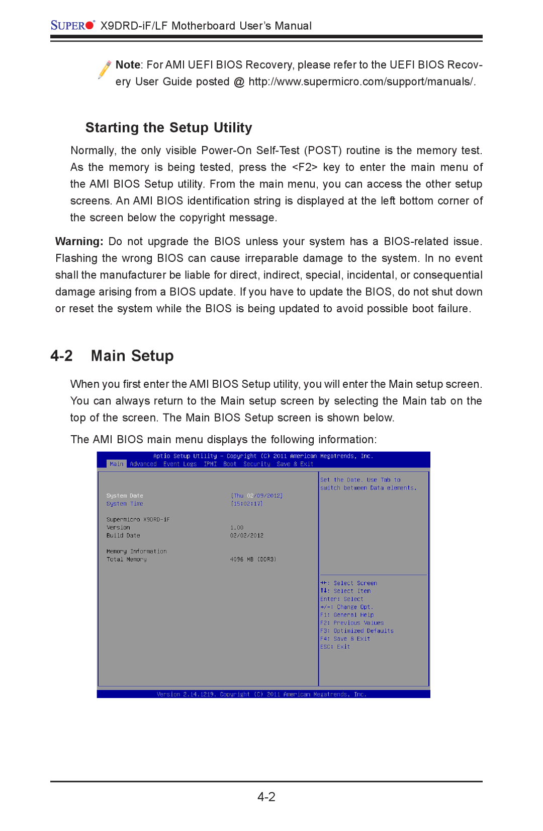 SUPER MICRO Computer X9DRD-LF, X9DRD-iF user manual Main Setup, Starting the Setup Utility 