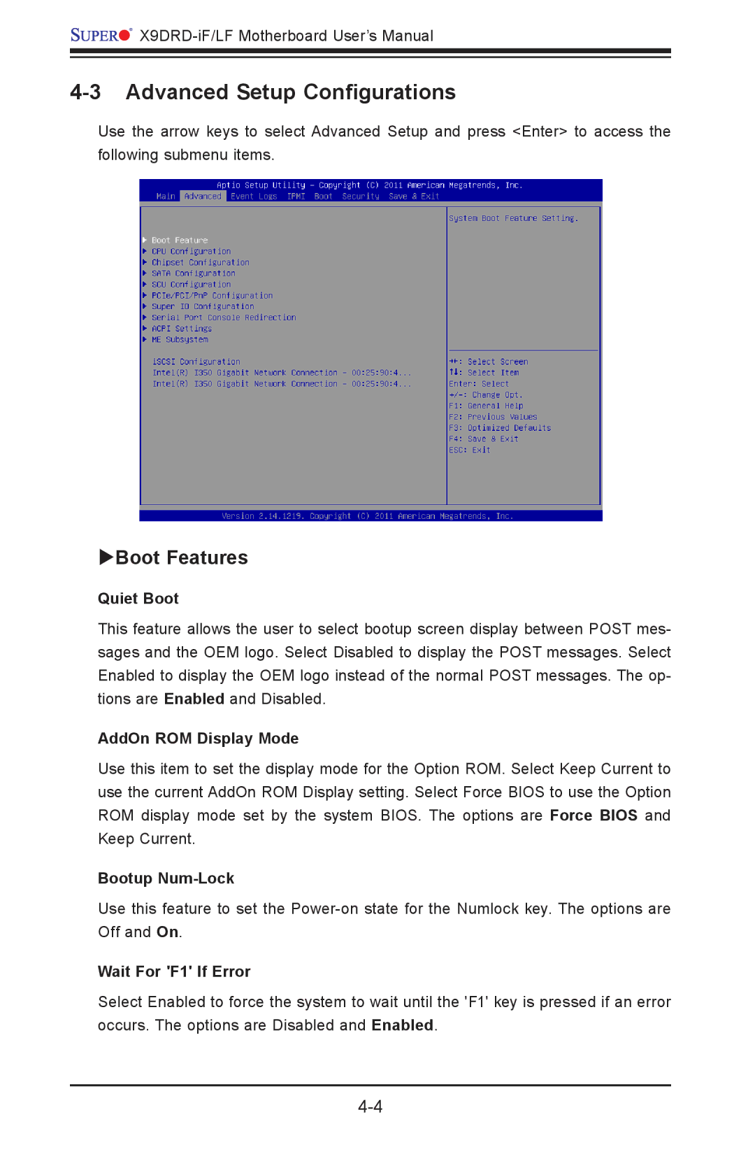 SUPER MICRO Computer X9DRD-LF, X9DRD-iF user manual Advanced Setup Configurations, Boot Features 