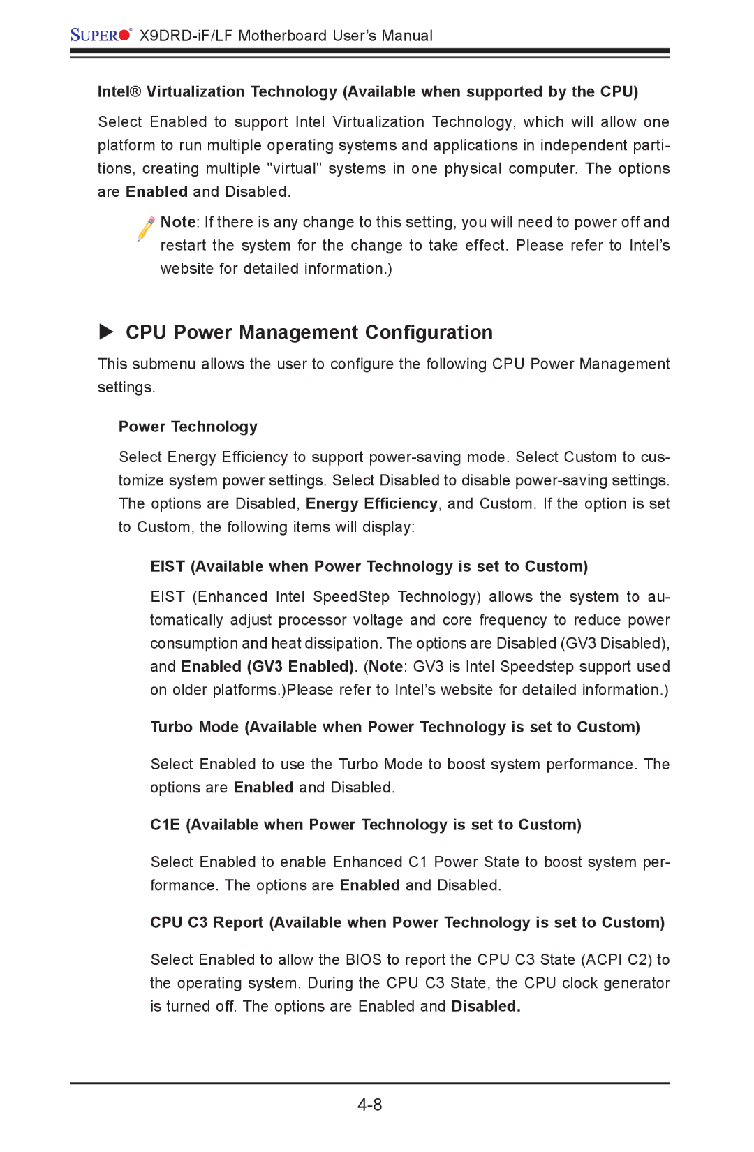 SUPER MICRO Computer X9DRD-LF, X9DRD-iF user manual  CPU Power Management Configuration, Power Technology 