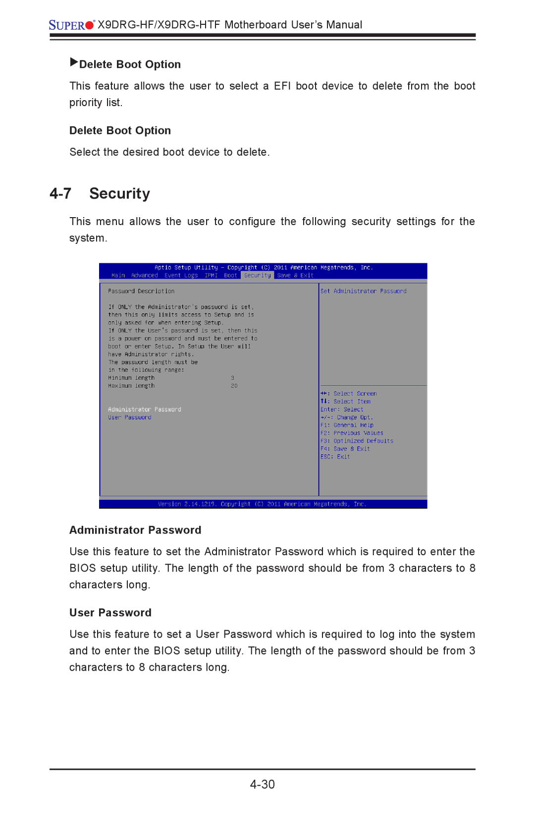 SUPER MICRO Computer X9DRG-HF, X9DRG-HTF user manual Security, Delete Boot Option, Administrator Password, User Password 