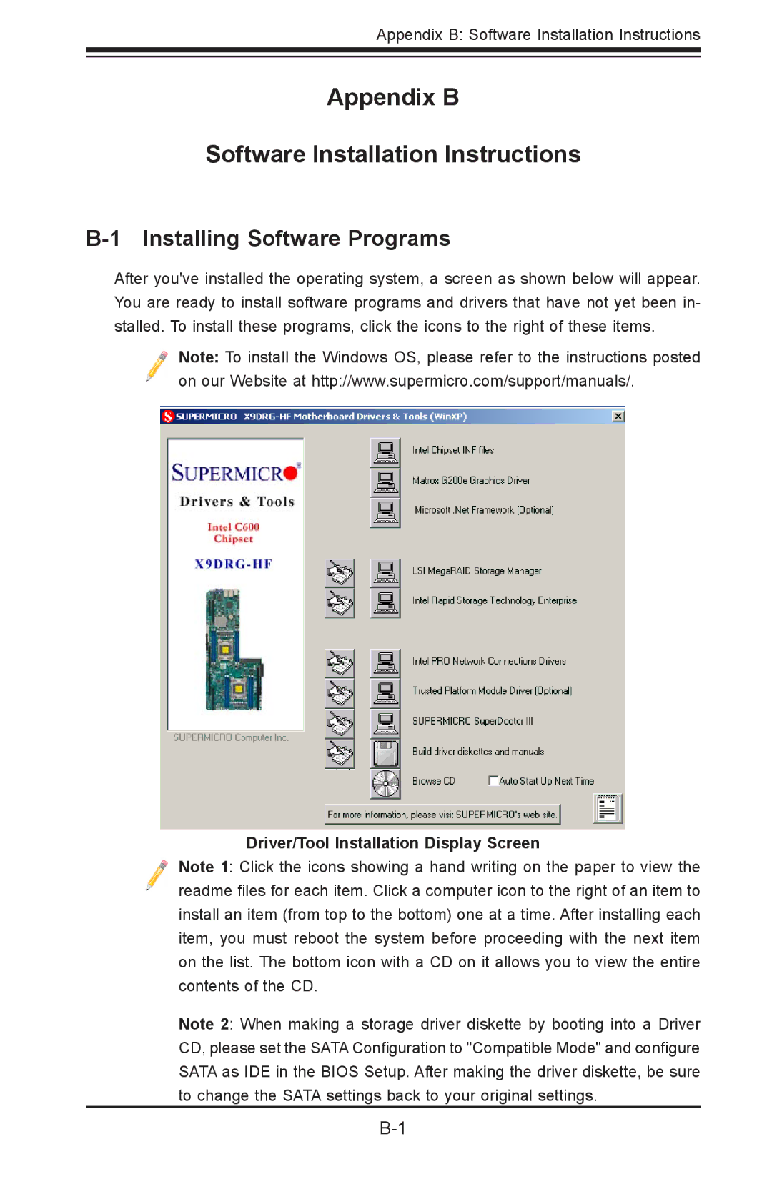 SUPER MICRO Computer X9DRG-HTF, X9DRG-HF user manual Installing Software Programs, Driver/Tool Installation Display Screen 