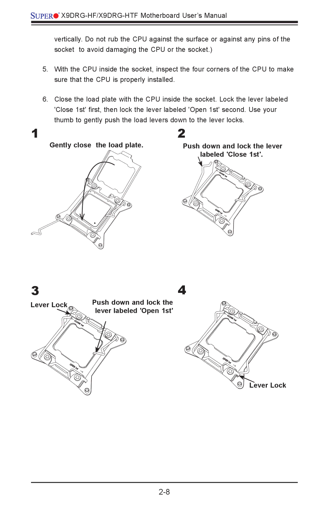 SUPER MICRO Computer X9DRG-HF, X9DRG-HTF user manual Gently close the load plate, Lever Lock 