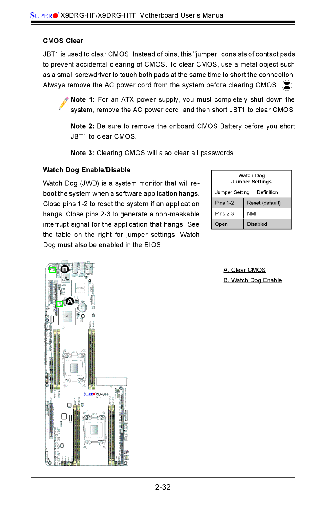 SUPER MICRO Computer X9DRG-HF, X9DRG-HTF user manual Cmos Clear, Watch Dog Enable/Disable 