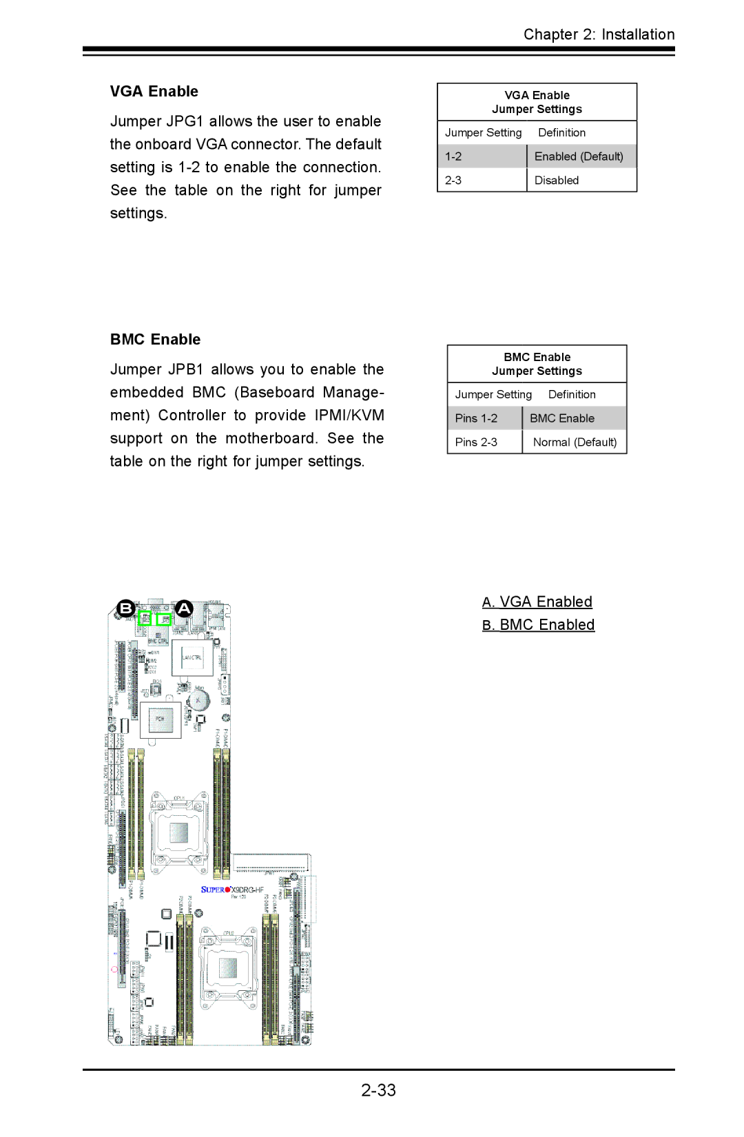 SUPER MICRO Computer X9DRG-HTF, X9DRG-HF user manual VGA Enable, BMC Enable 