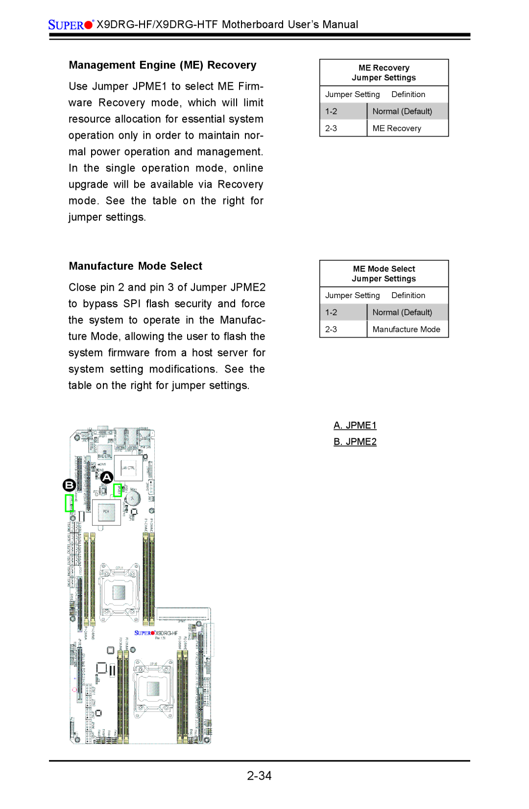 SUPER MICRO Computer X9DRG-HF, X9DRG-HTF user manual Management Engine ME Recovery, Manufacture Mode Select 