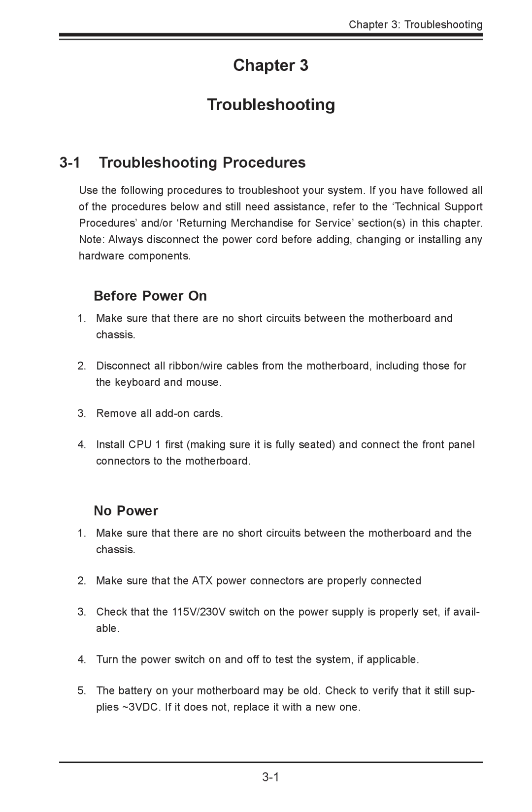 SUPER MICRO Computer X9DRG-HTF, X9DRG-HF user manual Troubleshooting Procedures, Before Power On, No Power 