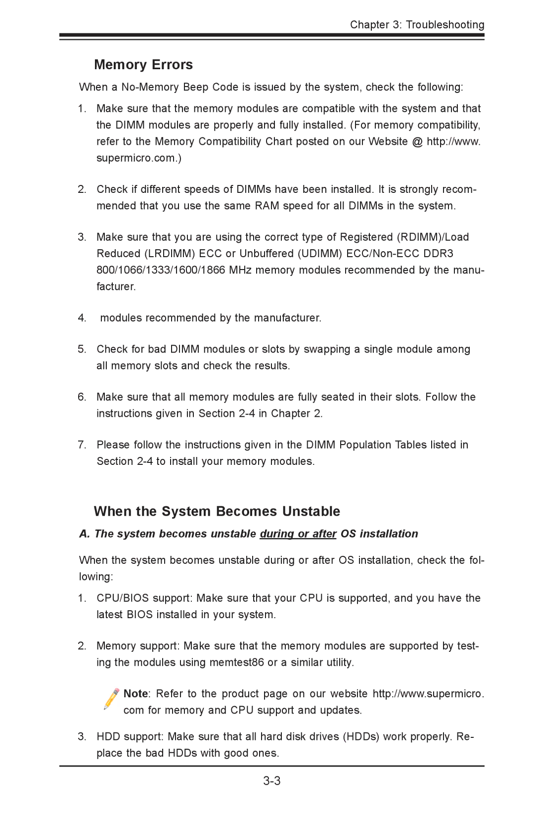 SUPER MICRO Computer X9DRG-HTF, X9DRG-HF user manual Memory Errors, When the System Becomes Unstable 