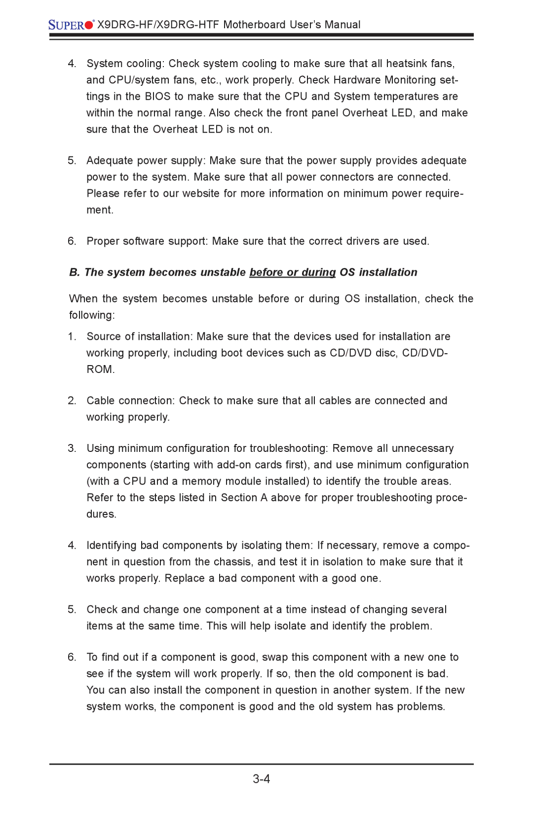 SUPER MICRO Computer X9DRG-HF, X9DRG-HTF user manual System becomes unstable before or during OS installation 