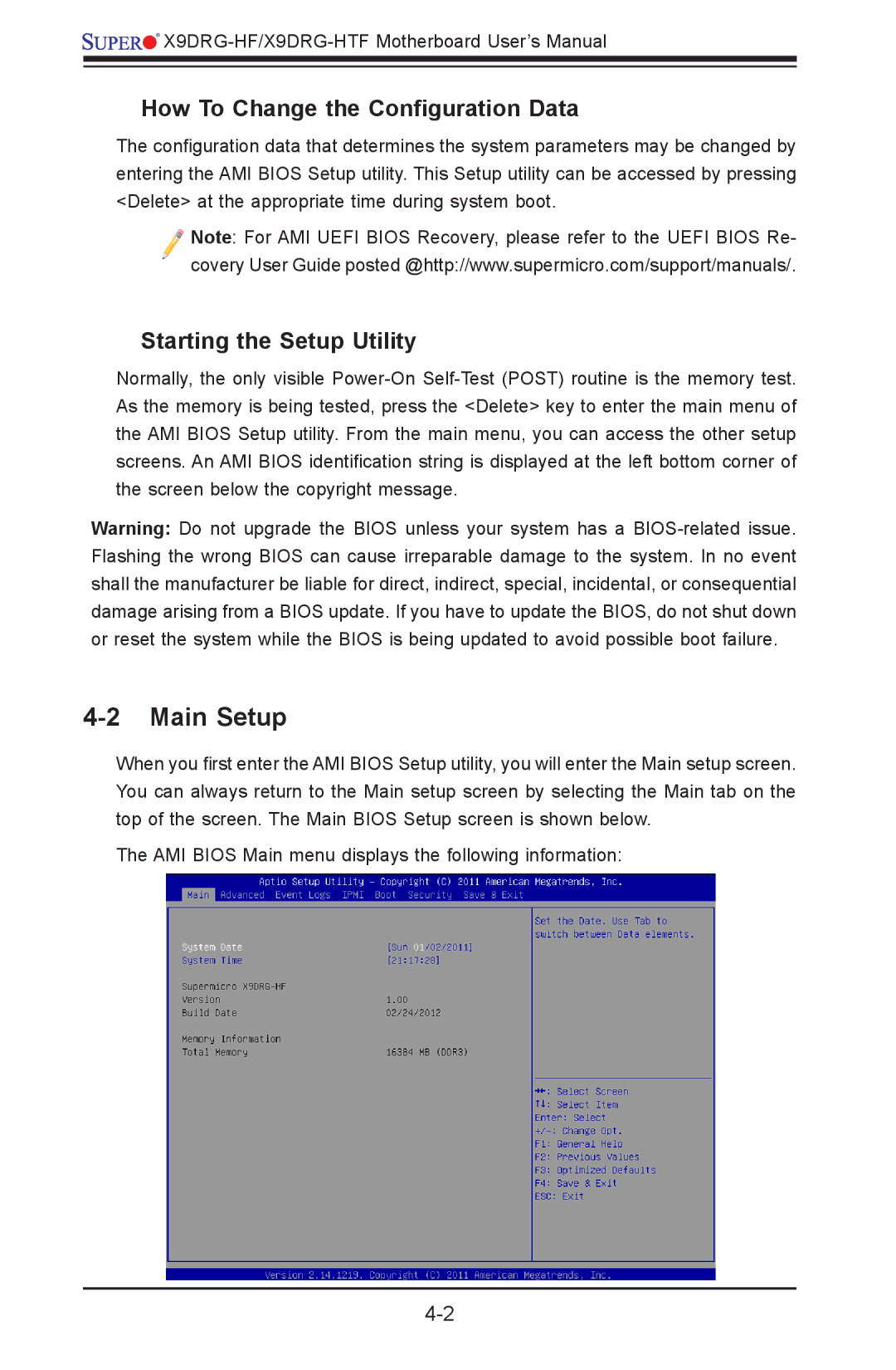 SUPER MICRO Computer X9DRG-HF, X9DRG-HTF Main Setup, How To Change the Configuration Data, Starting the Setup Utility 