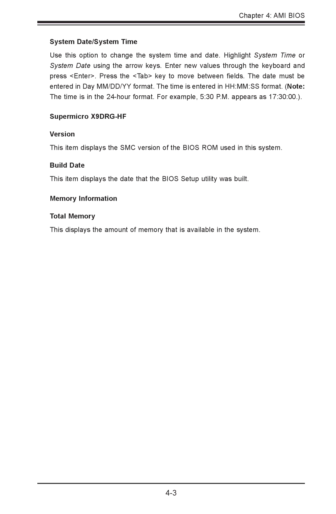 SUPER MICRO Computer X9DRG-HTF user manual System Date/System Time, Supermicro X9DRG-HF Version, Build Date 