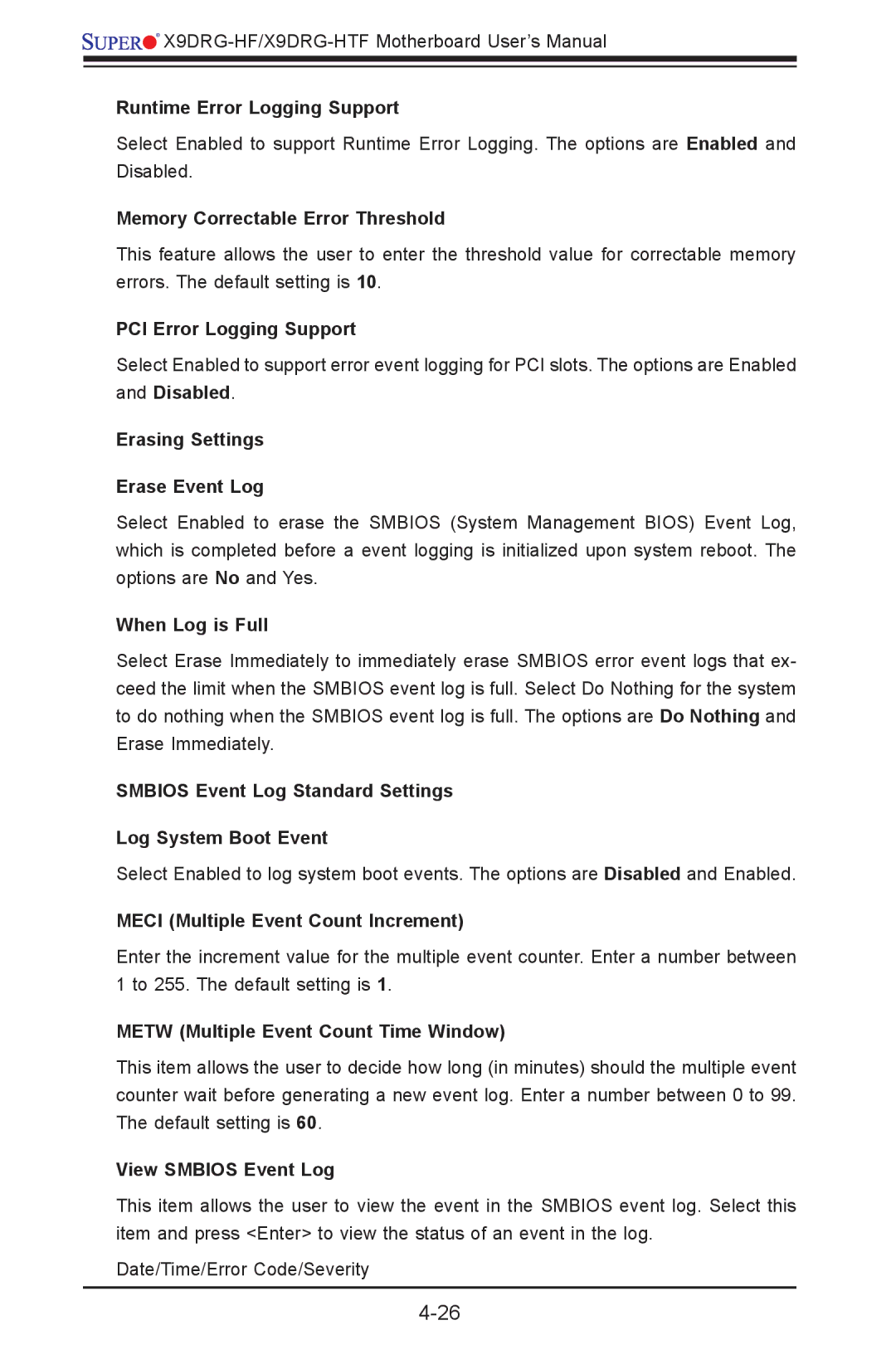 SUPER MICRO Computer X9DRG-HF Runtime Error Logging Support, Memory Correctable Error Threshold, PCI Error Logging Support 