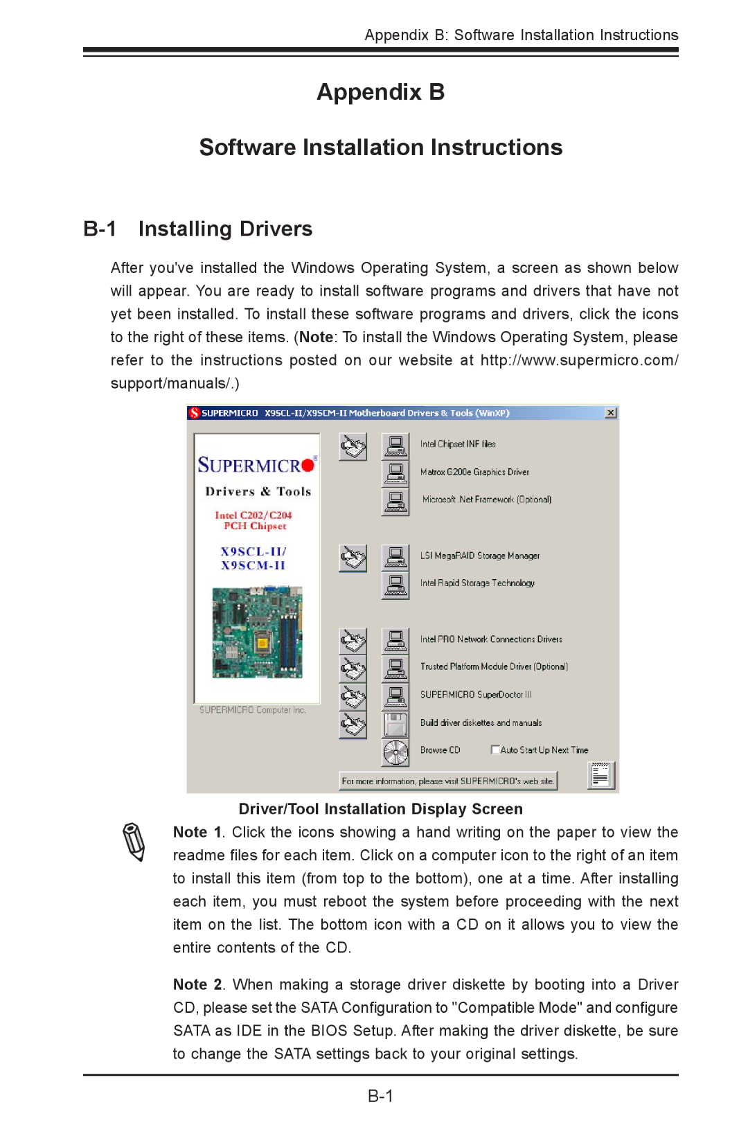 SUPER MICRO Computer X9SVL-IIF, X9SCM-IIF user manual Installing Drivers, Driver/Tool Installation Display Screen 