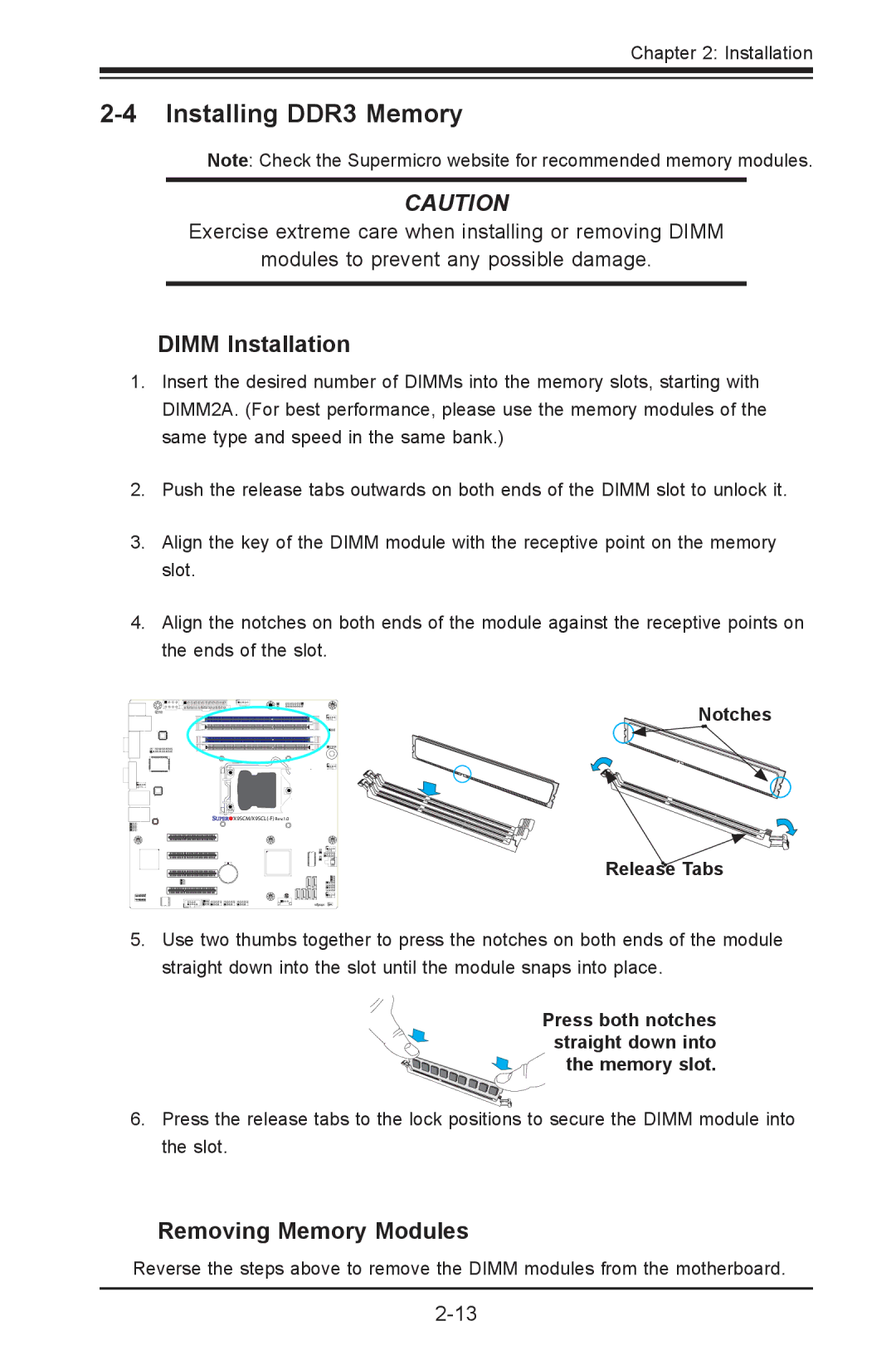 SUPER MICRO Computer X9SVL-IIF, X9SCM-IIF user manual Installing DDR3 Memory, Dimm Installation, Removing Memory Modules 