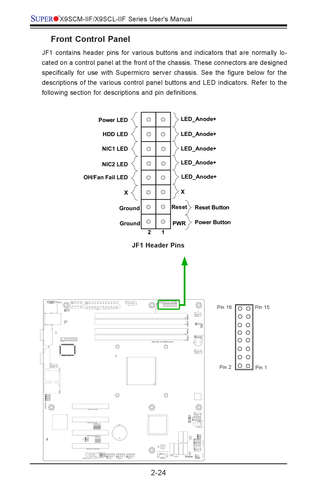 SUPER MICRO Computer X9SCM-IIF, X9SVL-IIF user manual Front Control Panel, JF1 Header Pins 