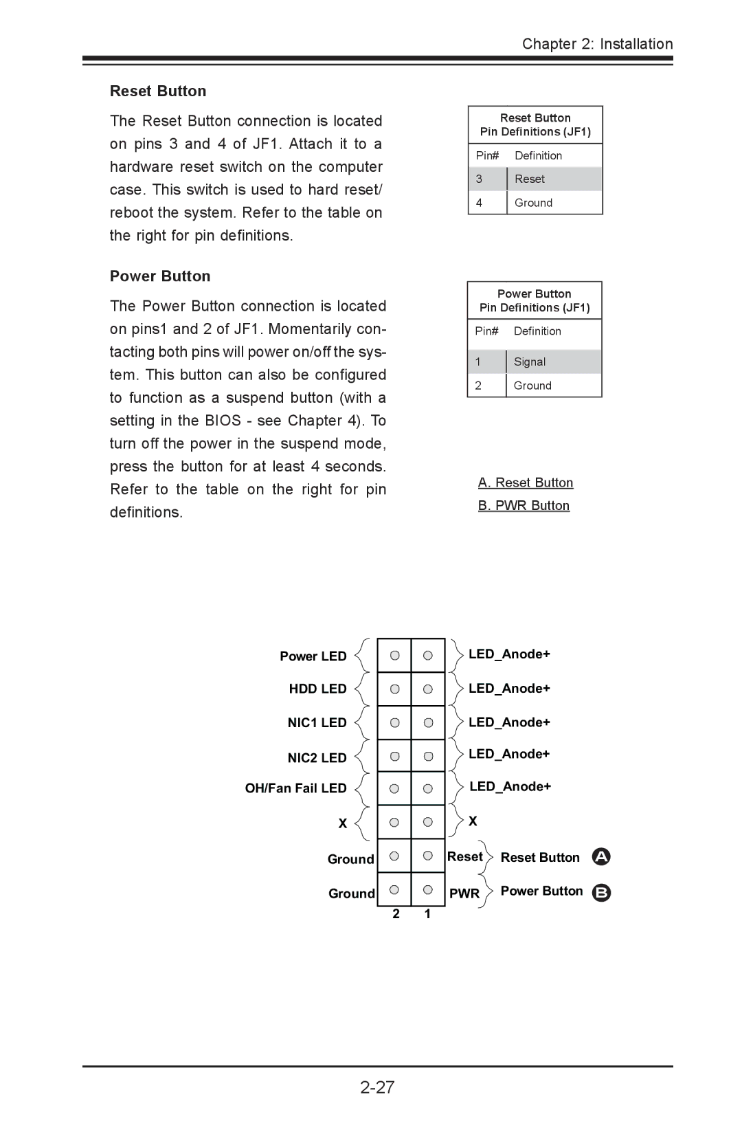 SUPER MICRO Computer X9SVL-IIF, X9SCM-IIF user manual Reset Button, Power Button 