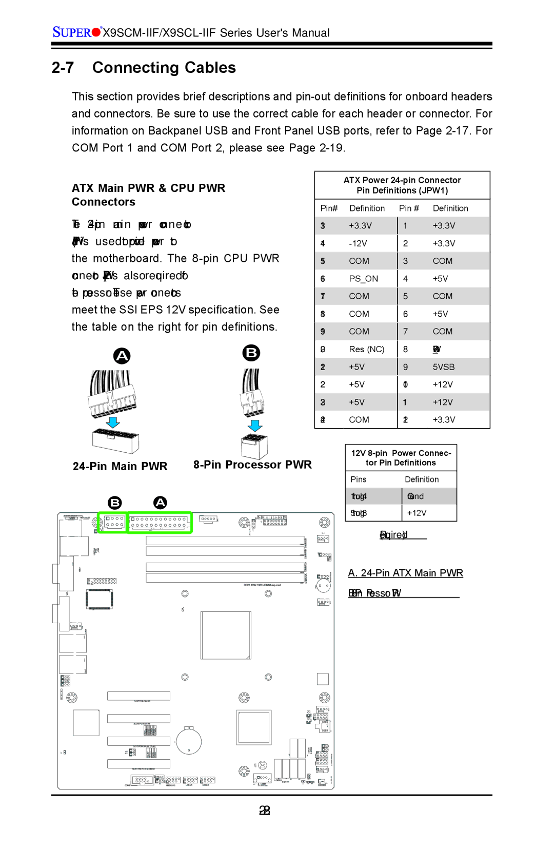 SUPER MICRO Computer X9SCM-IIF, X9SVL-IIF user manual Connecting Cables, ATX Main PWR & CPU PWR Connectors, Pin Main PWR 