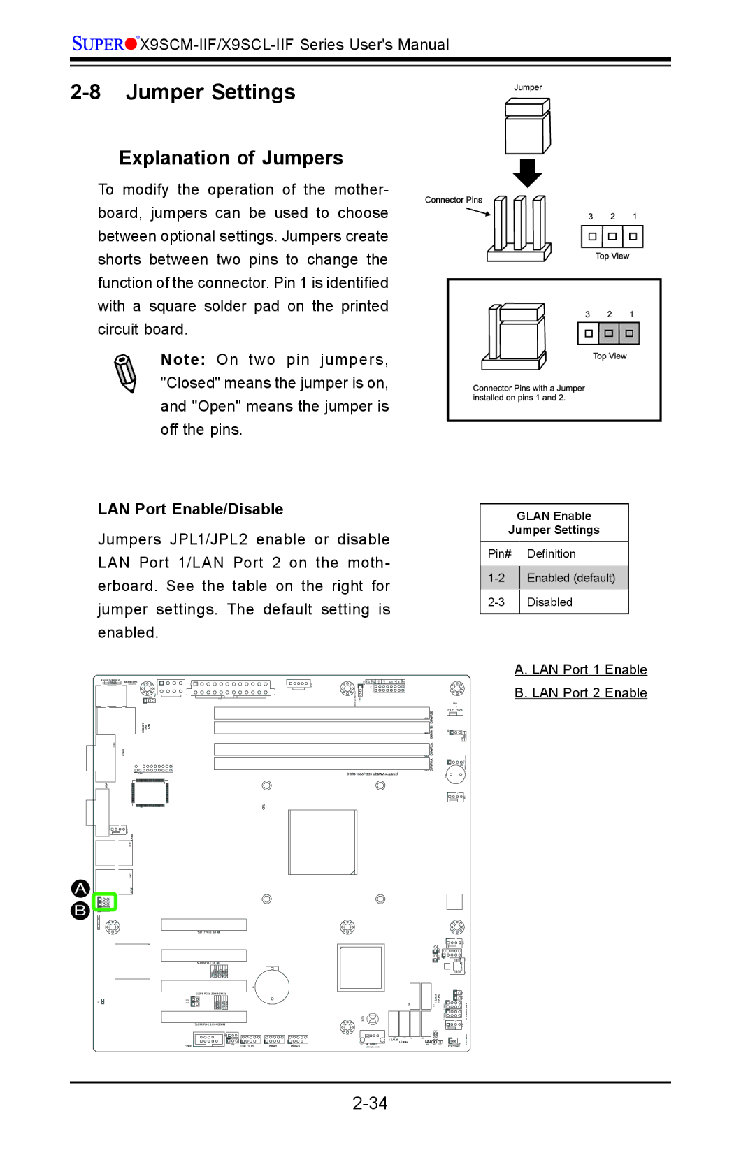 SUPER MICRO Computer X9SCM-IIF, X9SVL-IIF user manual Jumper Settings, Explanation of Jumpers, LAN Port Enable/Disable 