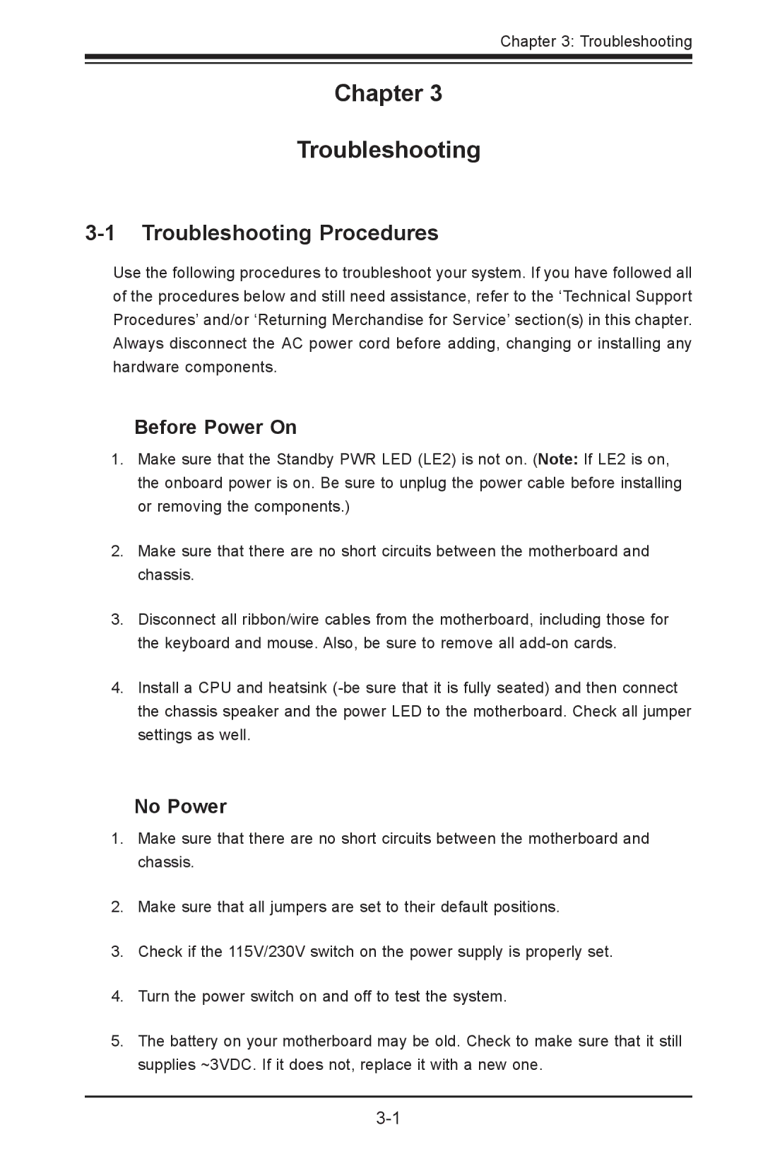 SUPER MICRO Computer X9SVL-IIF, X9SCM-IIF user manual Troubleshooting Procedures, Before Power On, No Power 