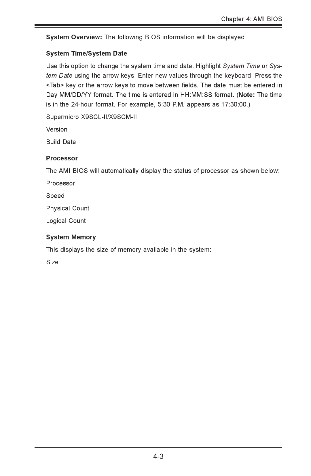 SUPER MICRO Computer X9SVL-IIF, X9SCM-IIF user manual System Time/System Date, Processor, System Memory 