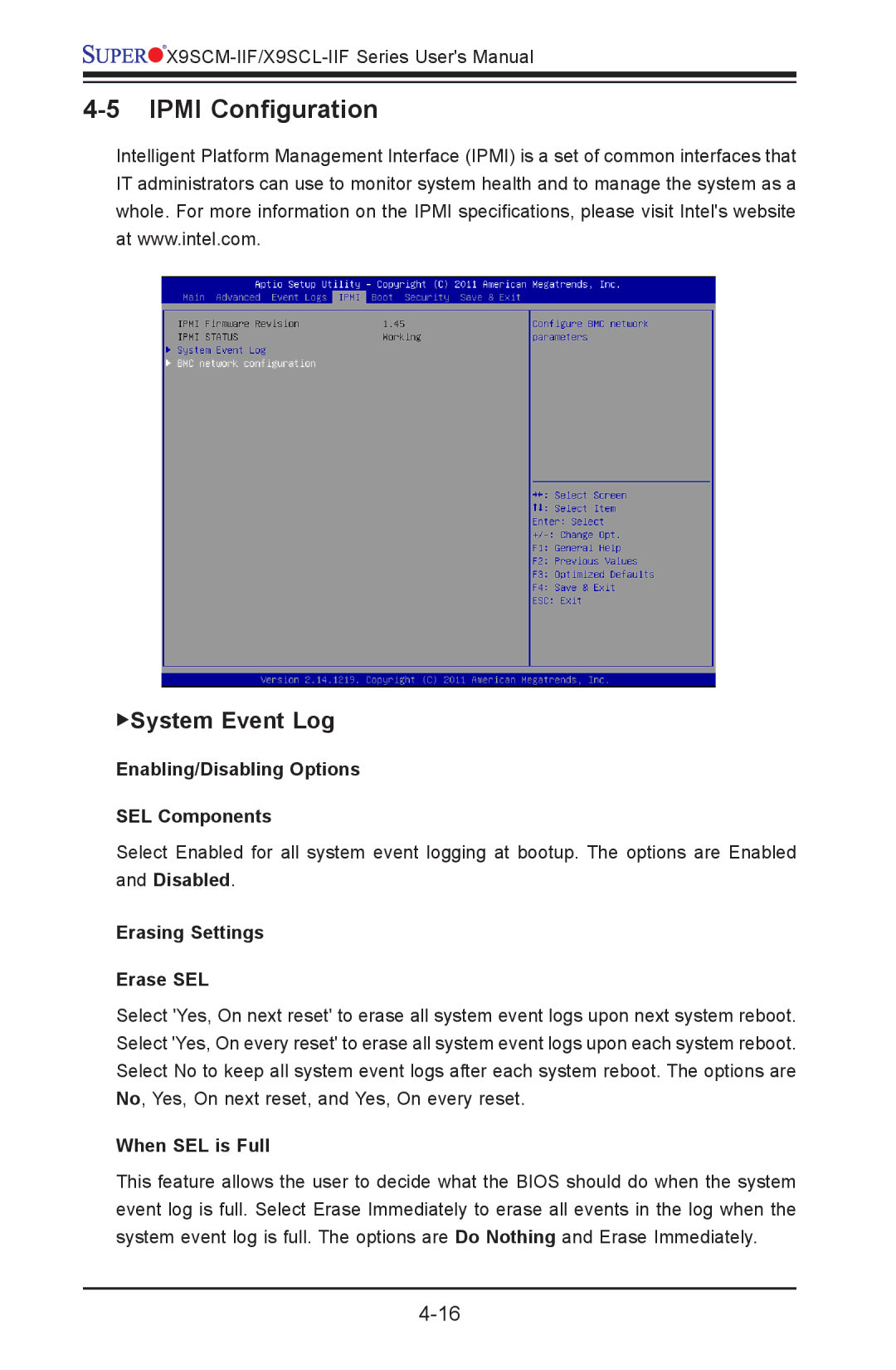 SUPER MICRO Computer X9SCM-IIF, X9SVL-IIF Ipmi Configuration, System Event Log, Enabling/Disabling Options SEL Components 