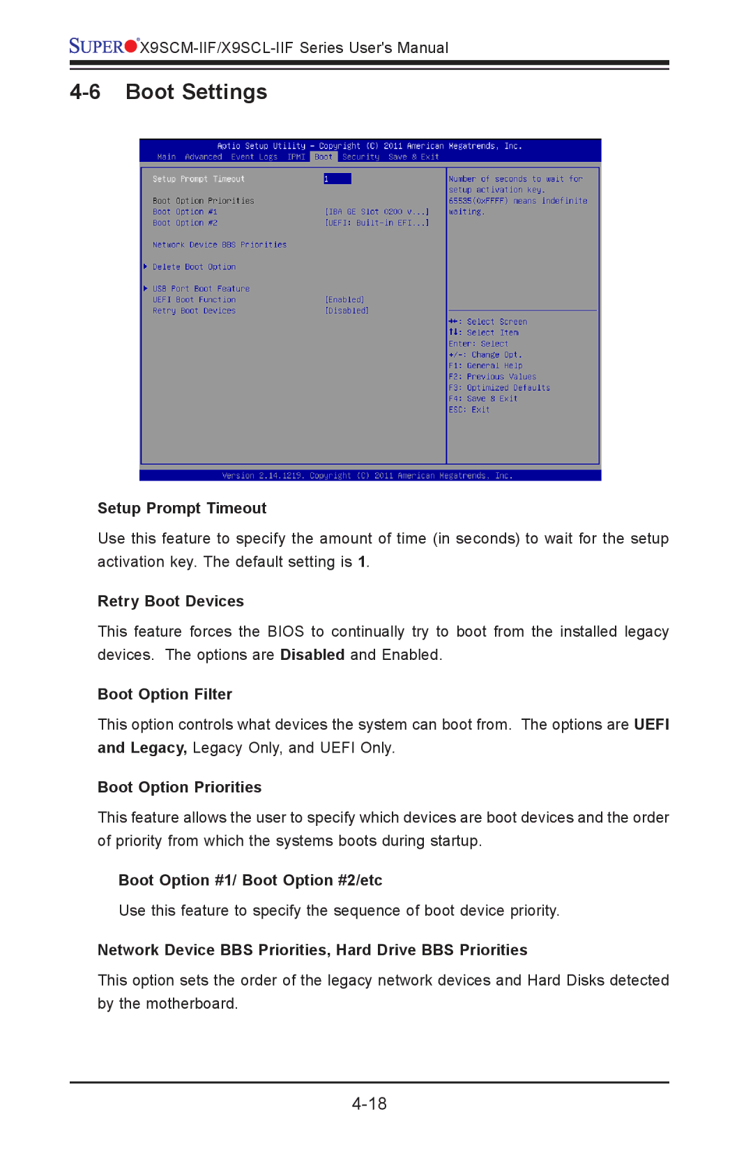 SUPER MICRO Computer X9SCM-IIF, X9SVL-IIF user manual Boot Settings 