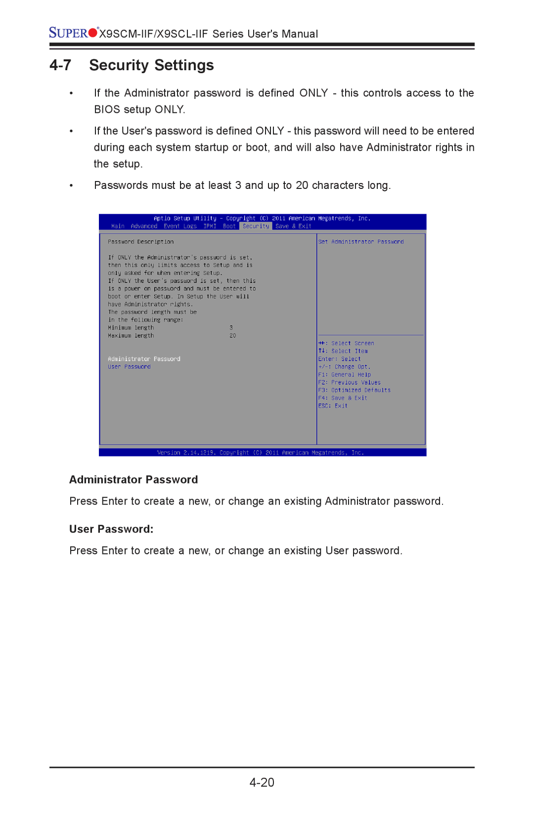 SUPER MICRO Computer X9SCM-IIF, X9SVL-IIF user manual Security Settings, Administrator Password, User Password 