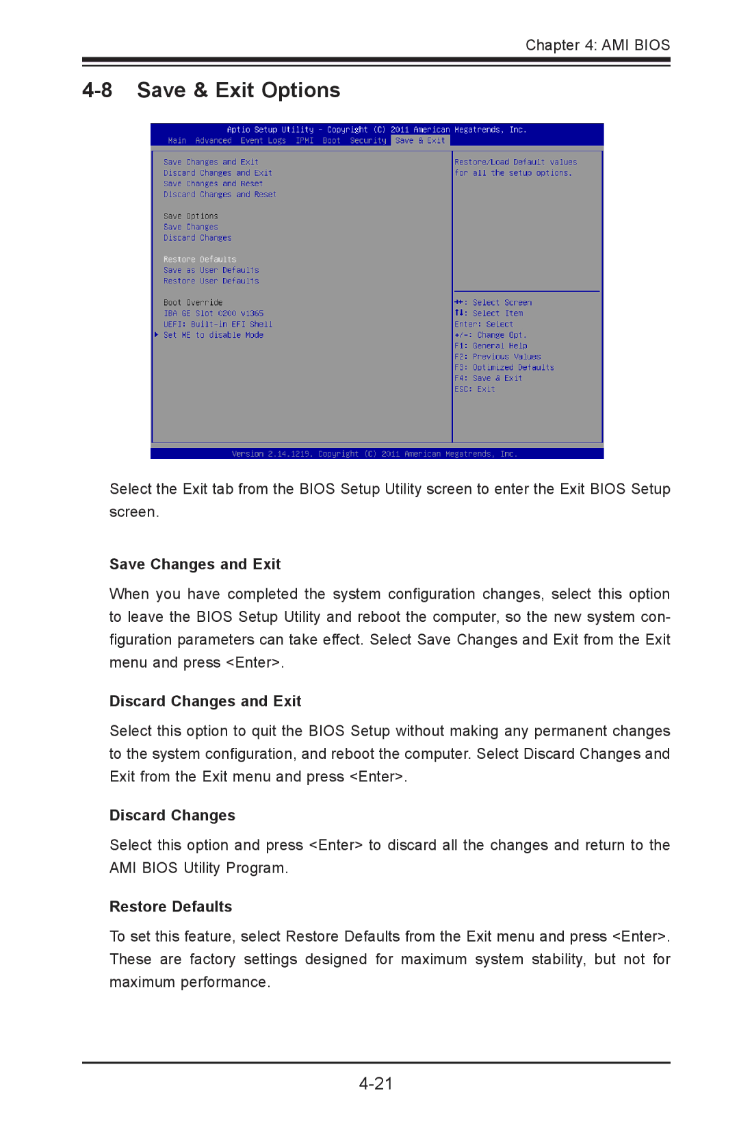 SUPER MICRO Computer X9SVL-IIF Save & Exit Options, Save Changes and Exit, Discard Changes and Exit, Restore Defaults 